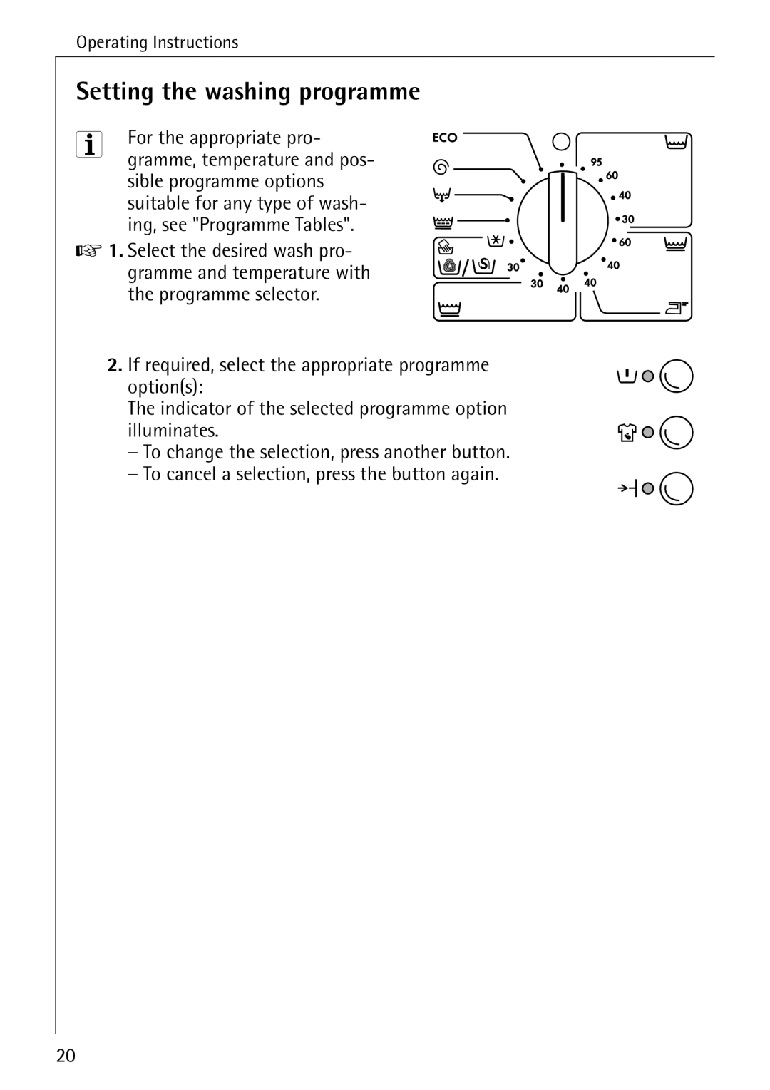 AEG 50265 manual Setting the washing programme, For the appropriate pro 