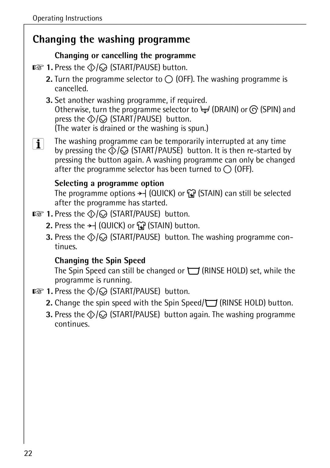 AEG 50265 manual Changing the washing programme, Changing or cancelling the programme, Selecting a programme option 