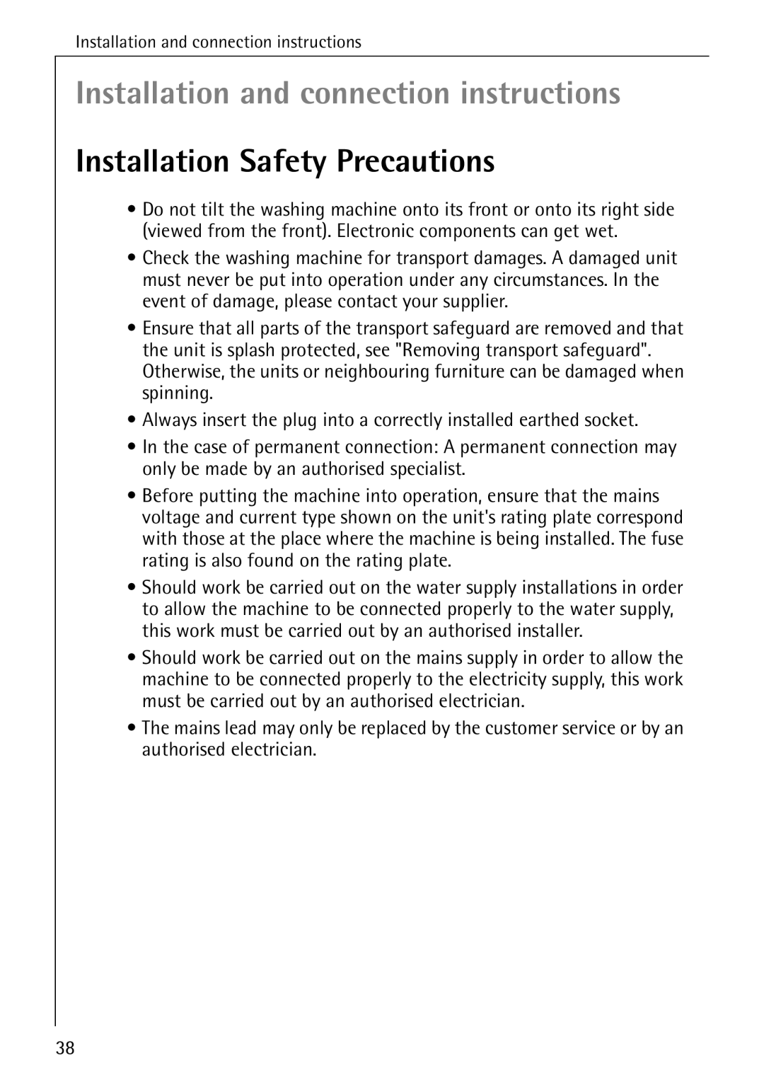 AEG 50265 manual Installation and connection instructions, Installation Safety Precautions 