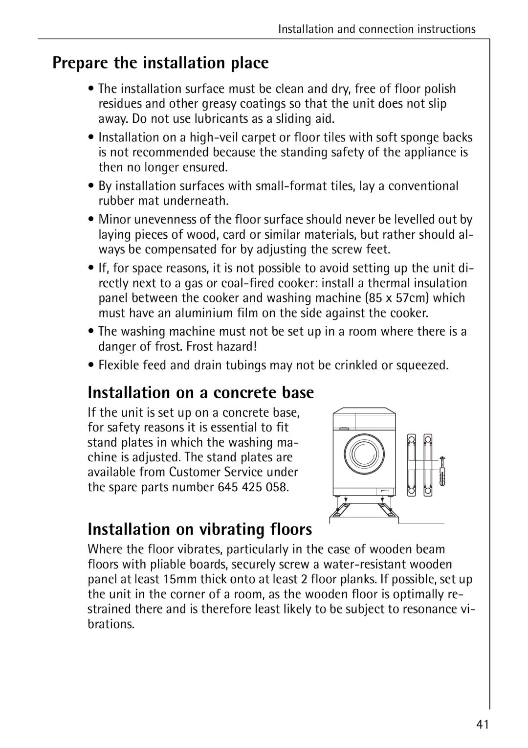 AEG 50265 manual Prepare the installation place, Installation on a concrete base, Installation on vibrating floors 