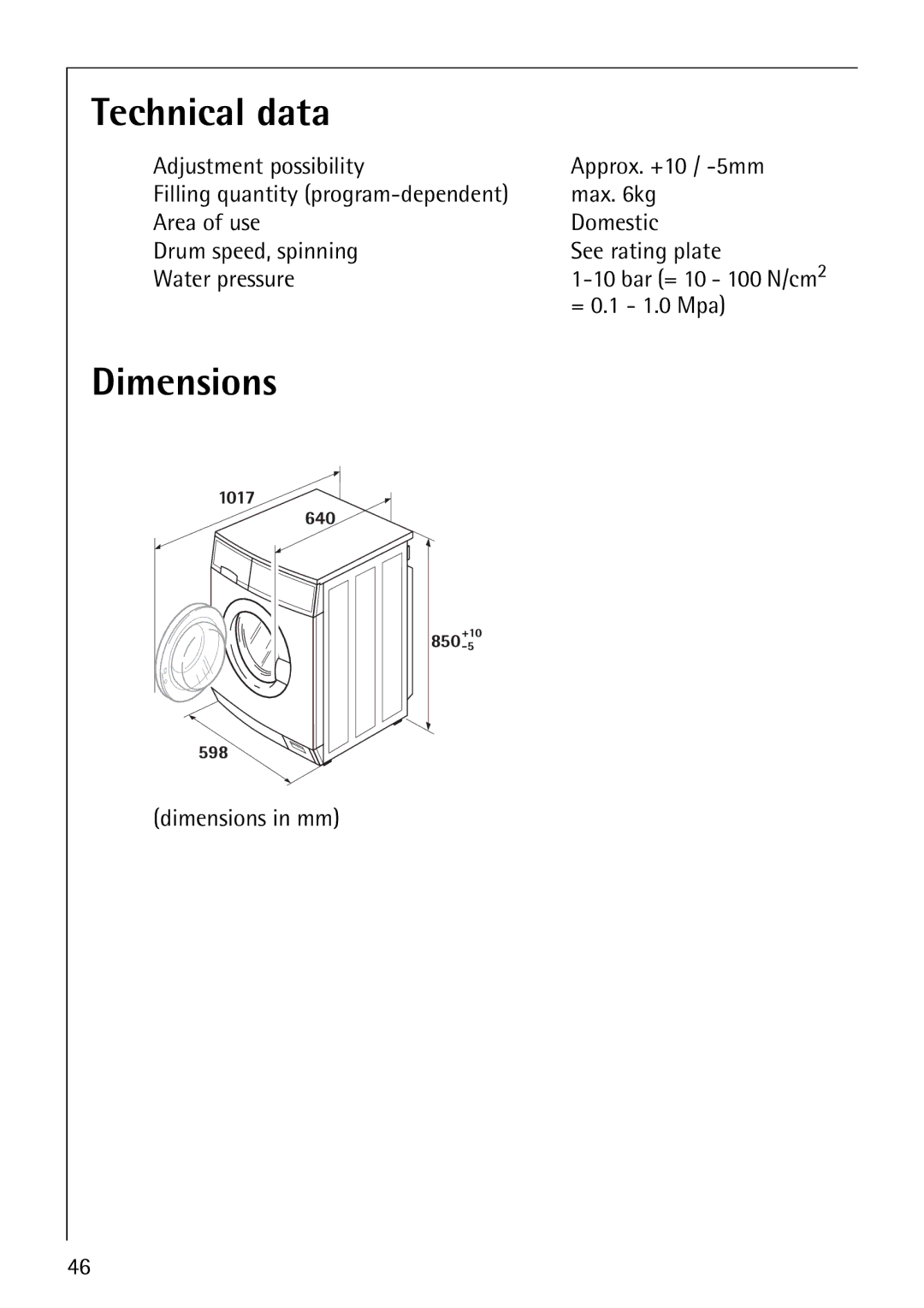 AEG 50265 manual Technical data, Dimensions 