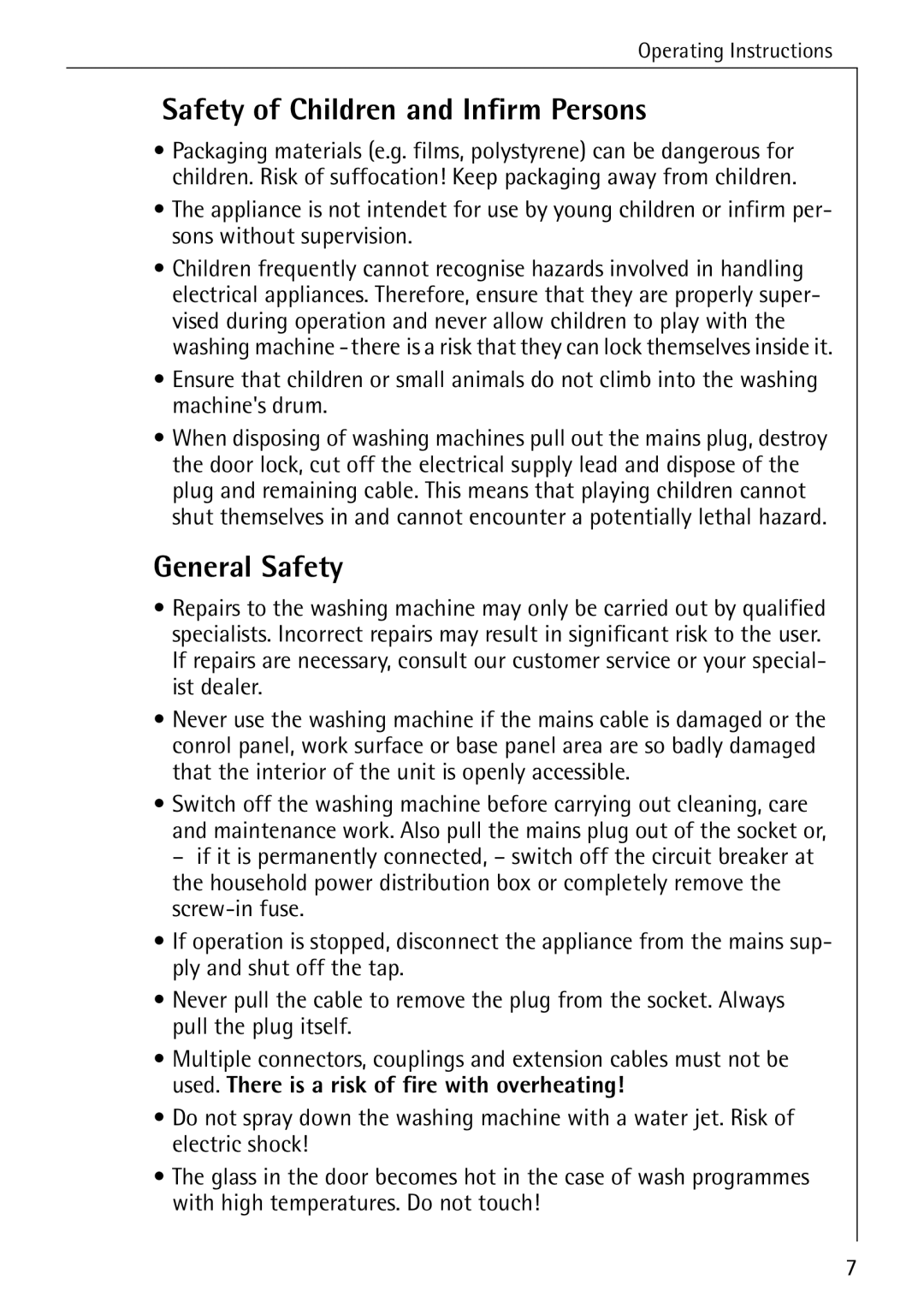 AEG 50265 manual Safety of Children and Infirm Persons, General Safety 