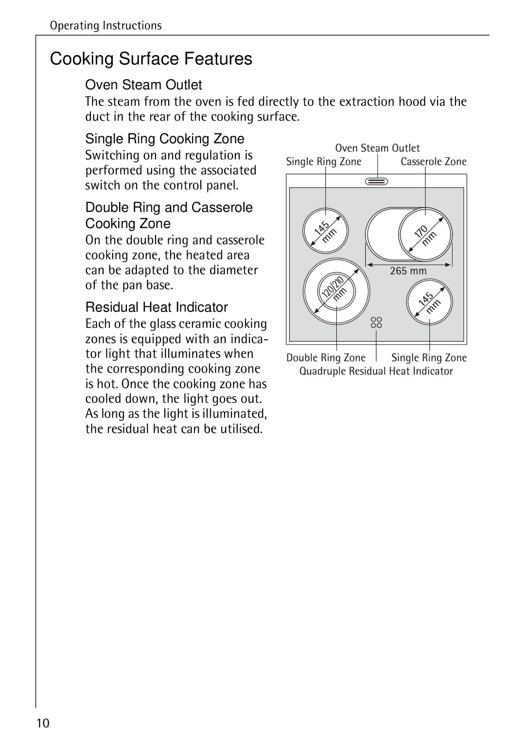 AEG 5033 V Cooking Surface Features, Oven Steam Outlet, Double Ring and Casserole Cooking Zone, Residual Heat Indicator 