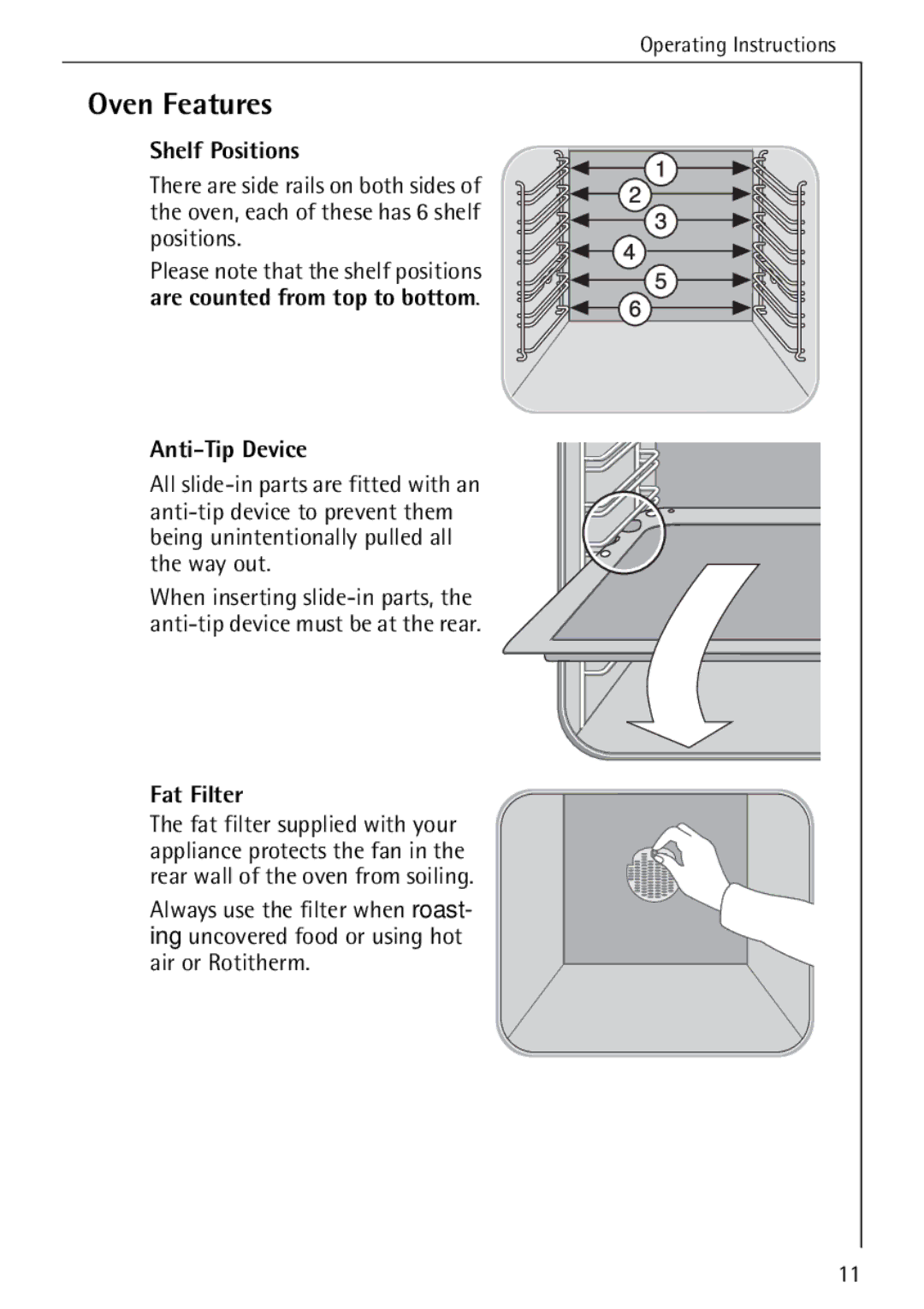 AEG 5033 V operating instructions Oven Features, Shelf Positions, Anti-Tip Device, Fat Filter 