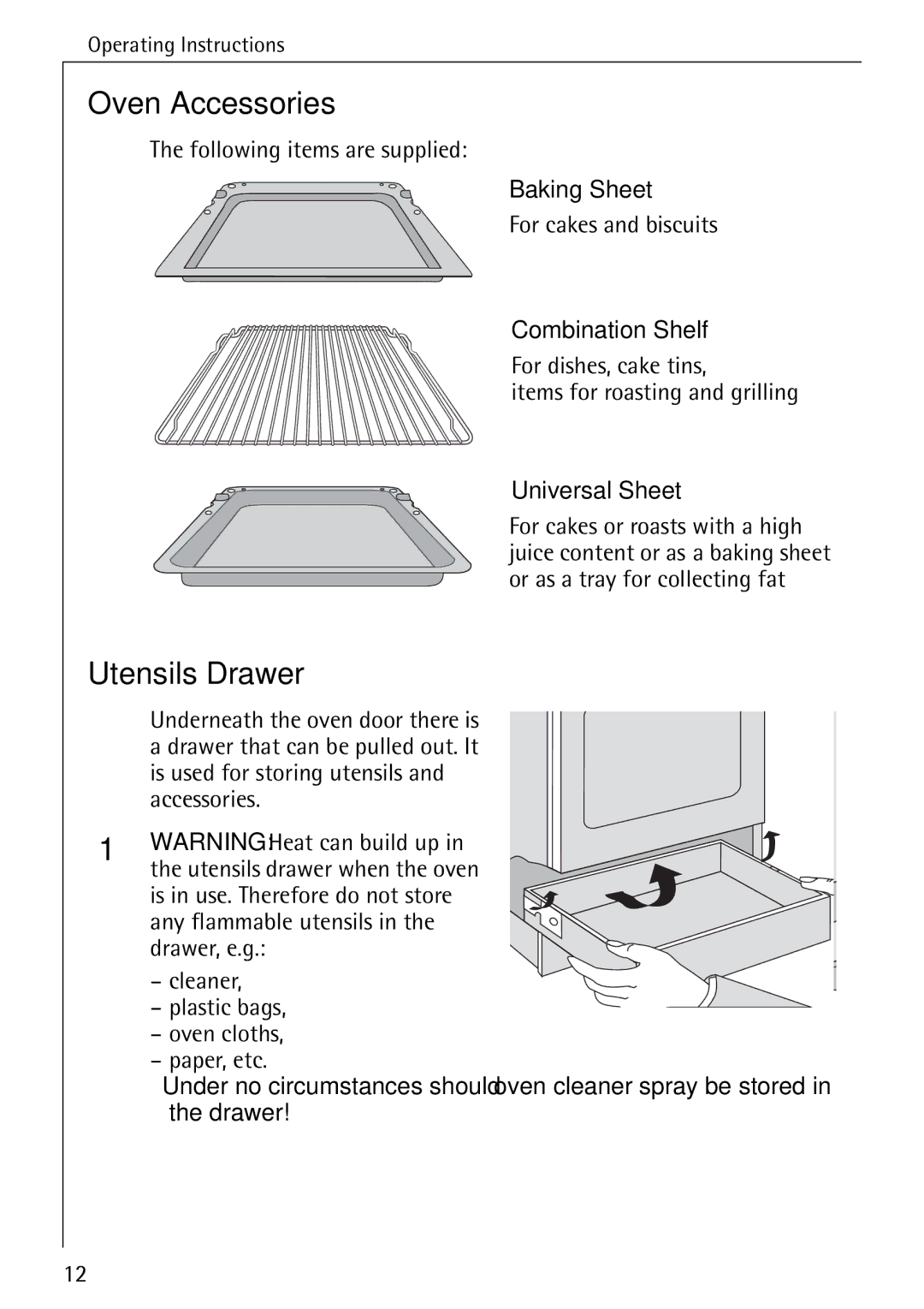 AEG 5033 V operating instructions Oven Accessories, Utensils Drawer, Baking Sheet, Combination Shelf, Universal Sheet 