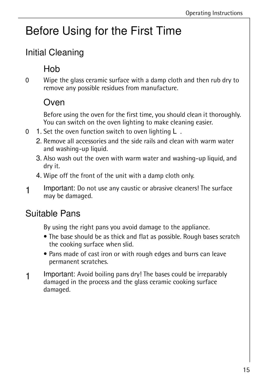 AEG 5033 V operating instructions Before Using for the First Time, Initial Cleaning Hob, Oven, Suitable Pans 