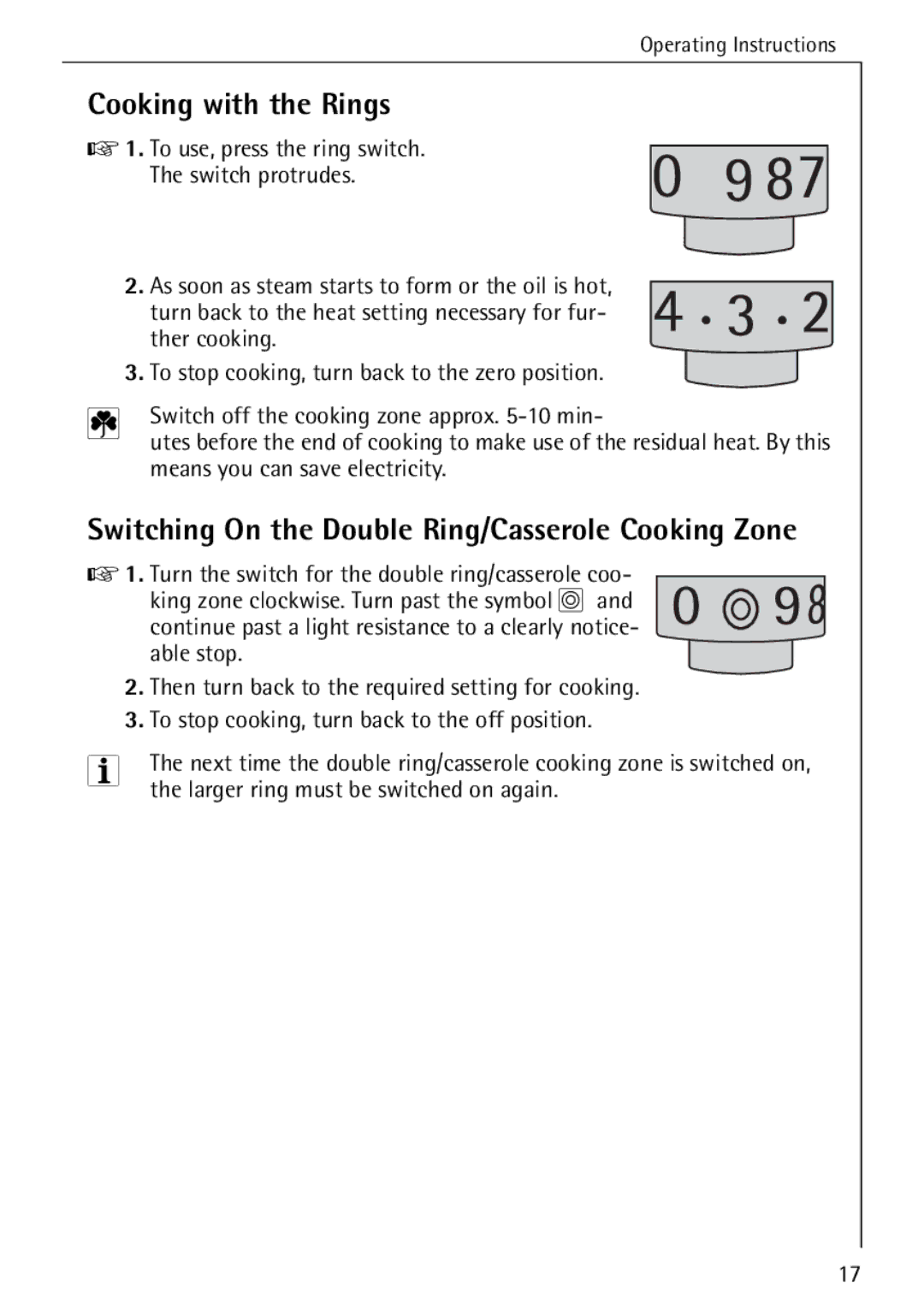 AEG 5033 V operating instructions Cooking with the Rings, Switching On the Double Ring/Casserole Cooking Zone 