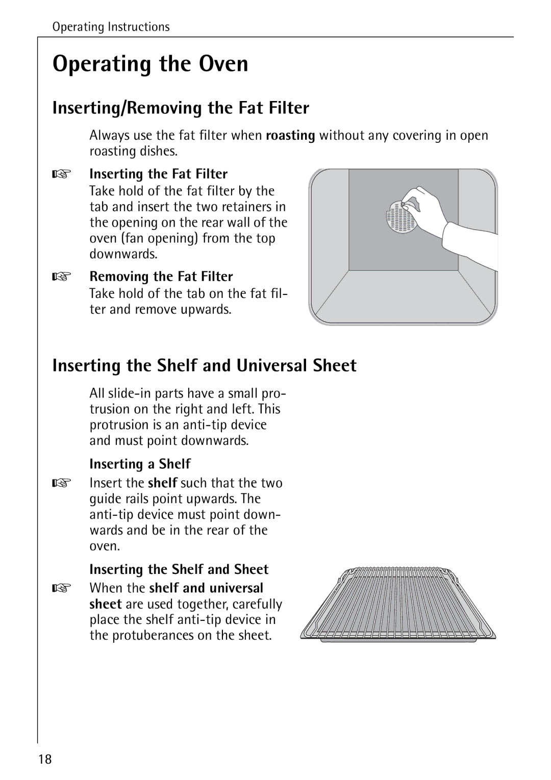 AEG 5033 V Operating the Oven, Inserting/Removing the Fat Filter, Inserting the Shelf and Universal Sheet 