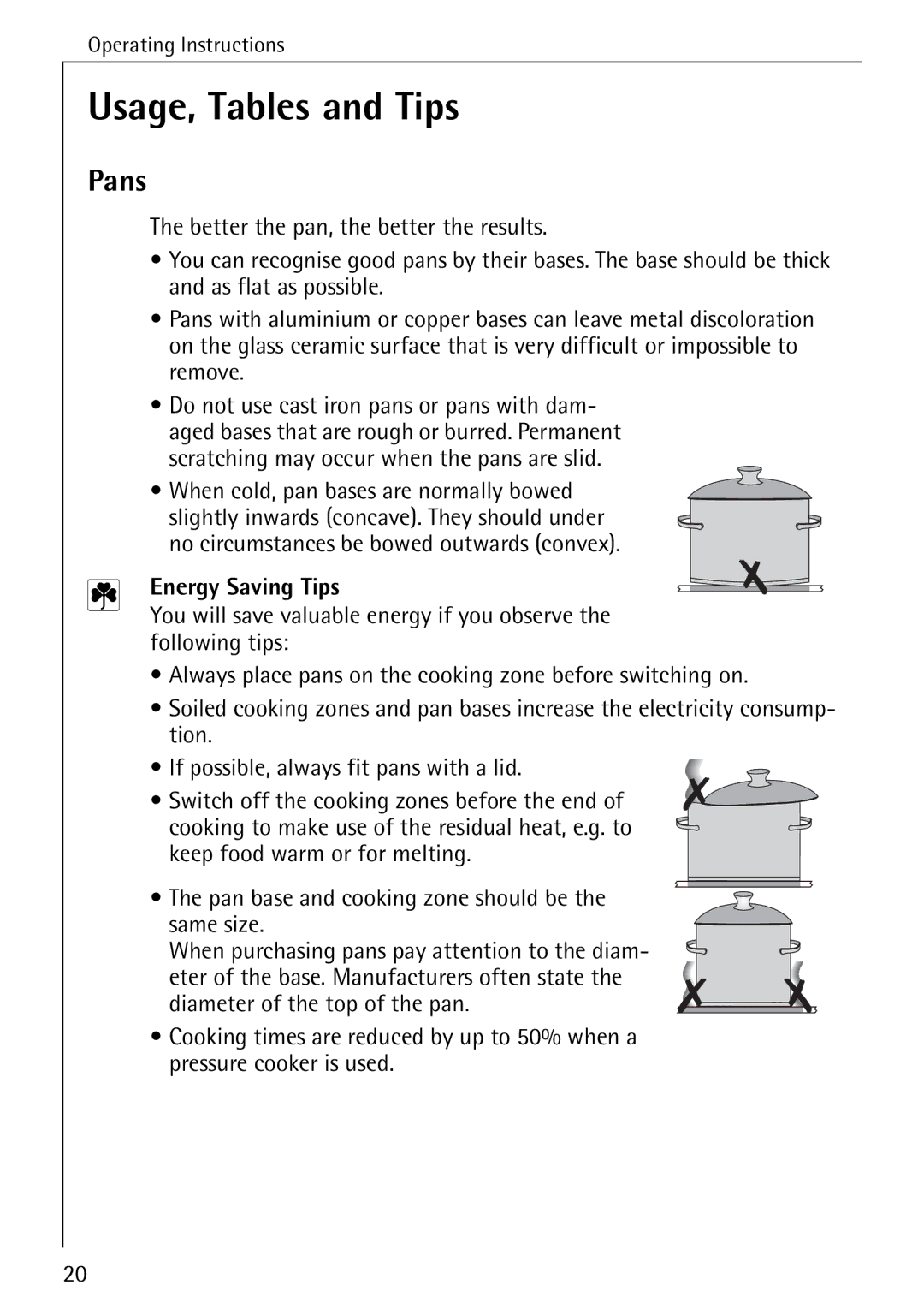 AEG 5033 V operating instructions Usage, Tables and Tips, Pans, Energy Saving Tips 