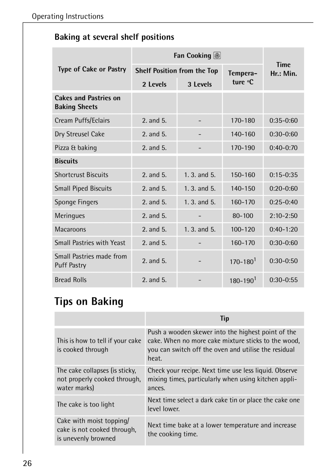 AEG 5033 V operating instructions Tips on Baking, Baking at several shelf positions 