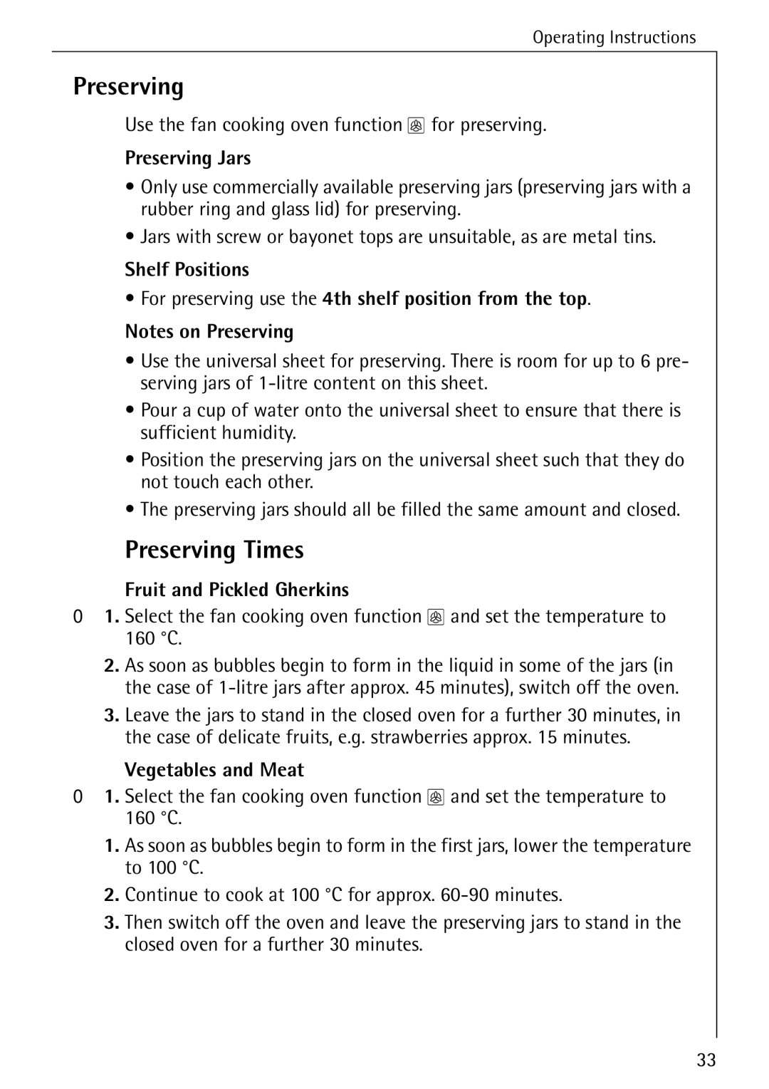 AEG 5033 V operating instructions Preserving Times, Preserving Jars, Fruit and Pickled Gherkins, Vegetables and Meat 