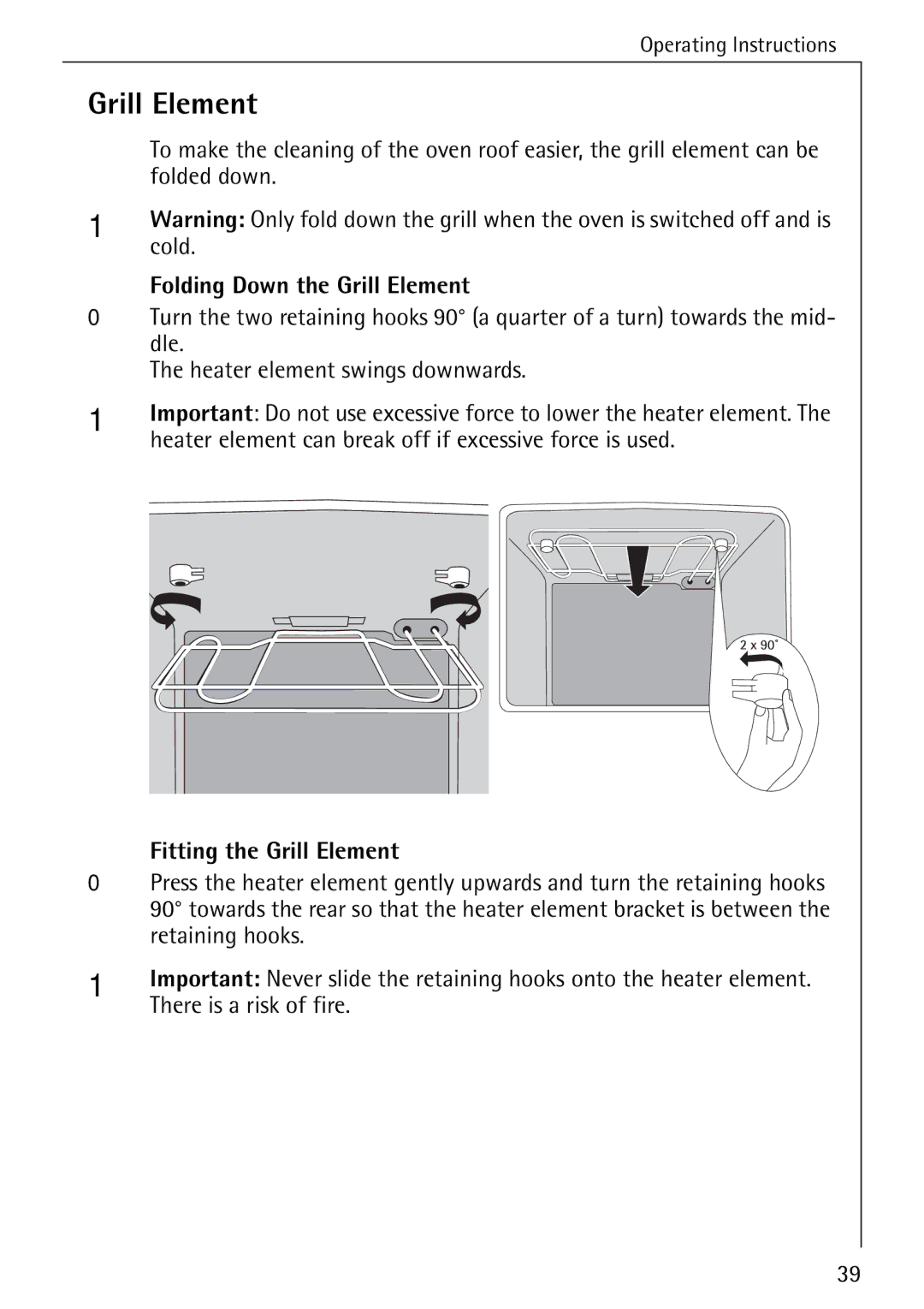 AEG 5033 V operating instructions Cold, Folding Down the Grill Element, Fitting the Grill Element 