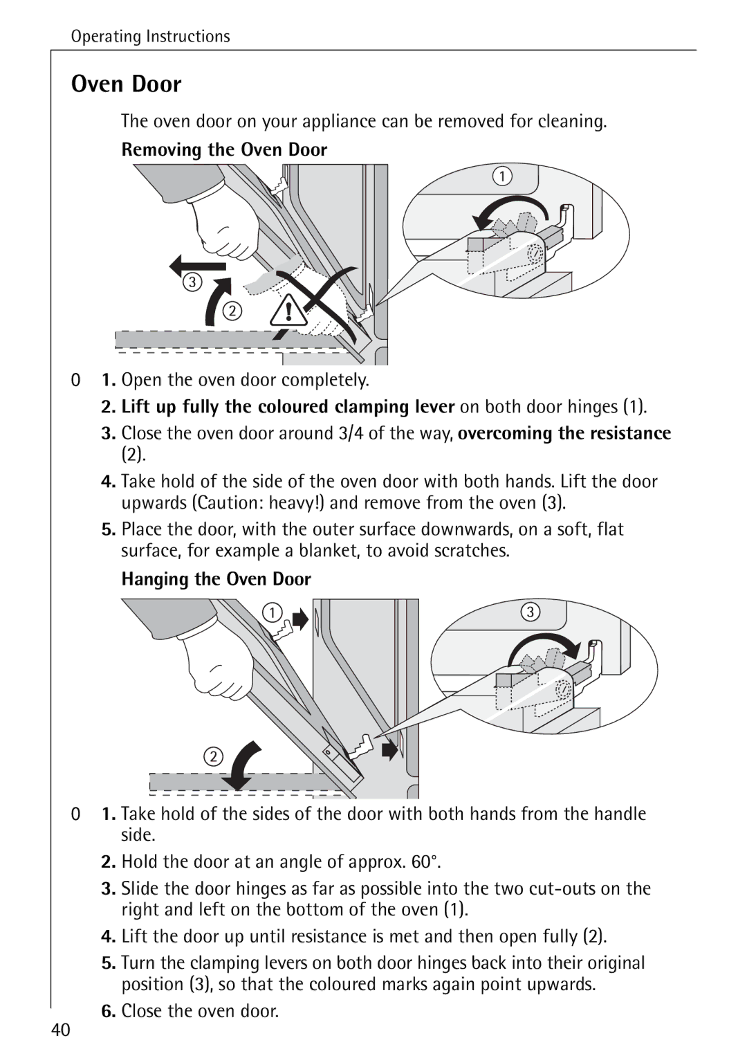 AEG 5033 V operating instructions Removing the Oven Door, Hanging the Oven Door 