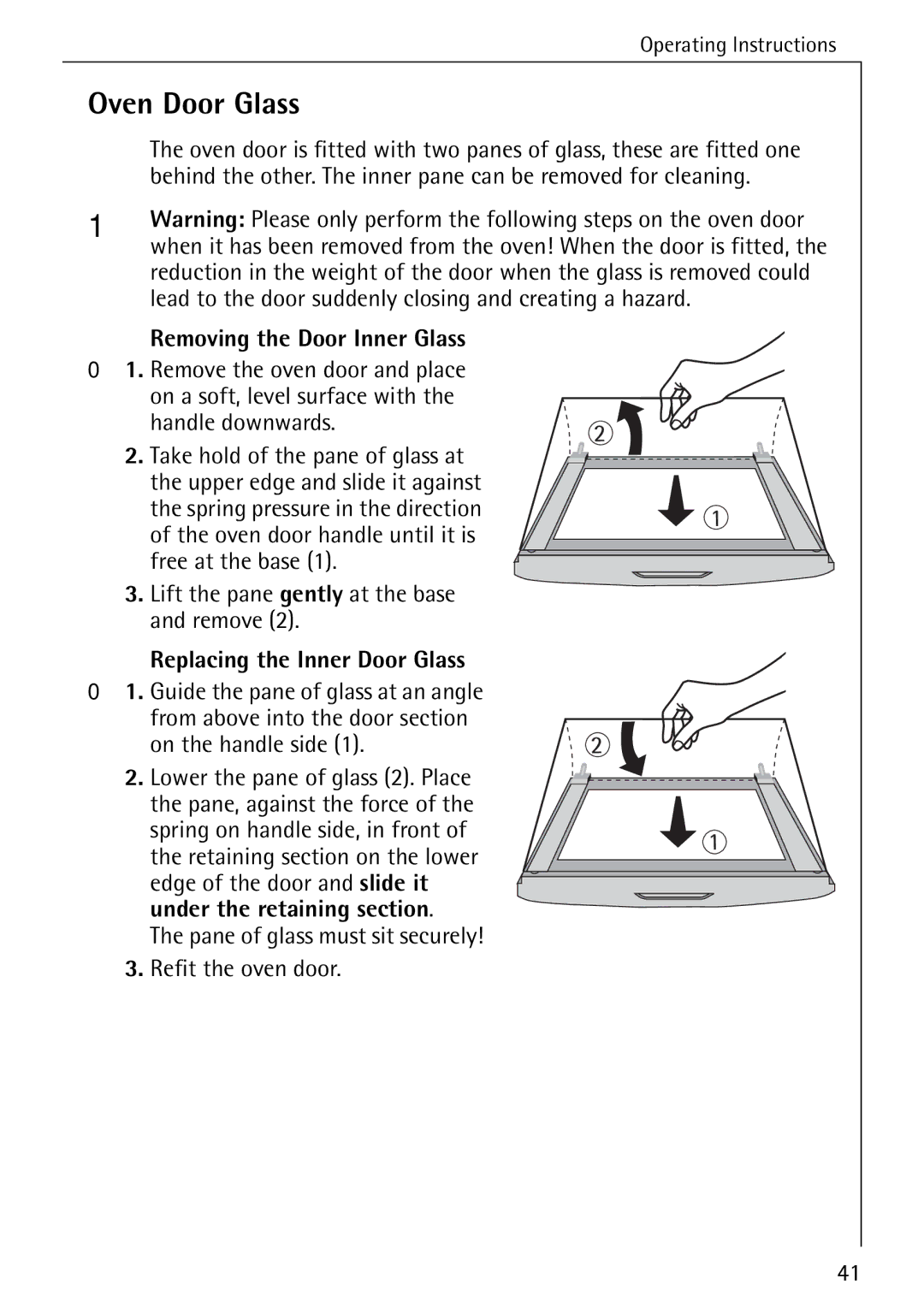 AEG 5033 V operating instructions Oven Door Glass, Removing the Door Inner Glass, Replacing the Inner Door Glass 