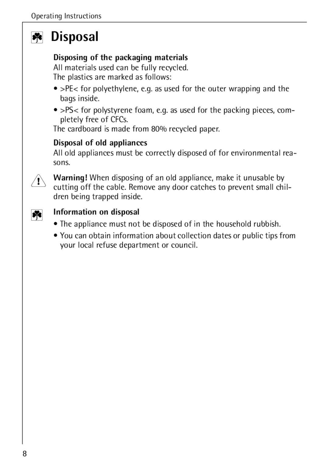 AEG 5033 V Disposing of the packaging materials, Disposal of old appliances, Information on disposal 