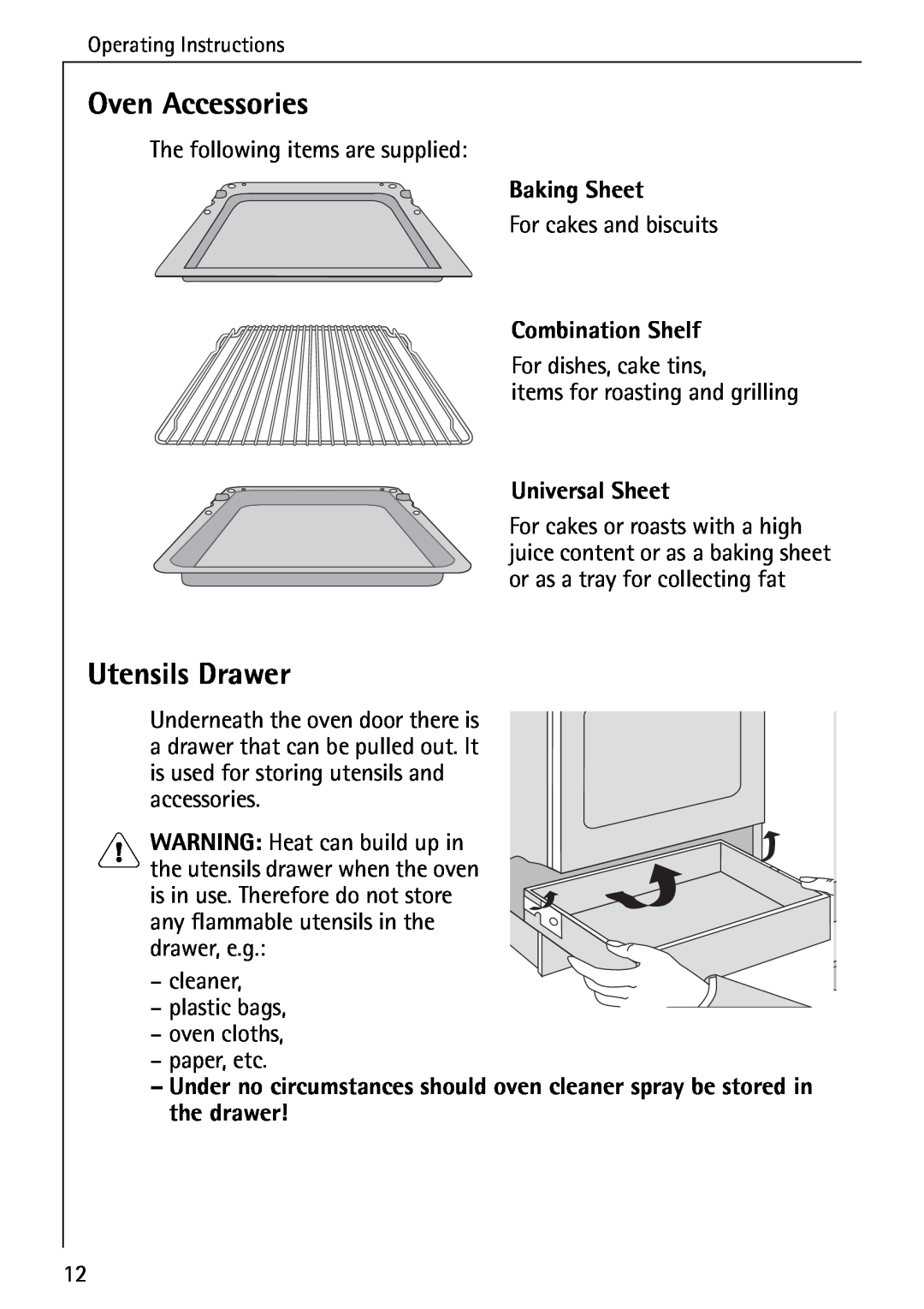 AEG 5033 V operating instructions Oven Accessories, Utensils Drawer, Baking Sheet, Combination Shelf, Universal Sheet 