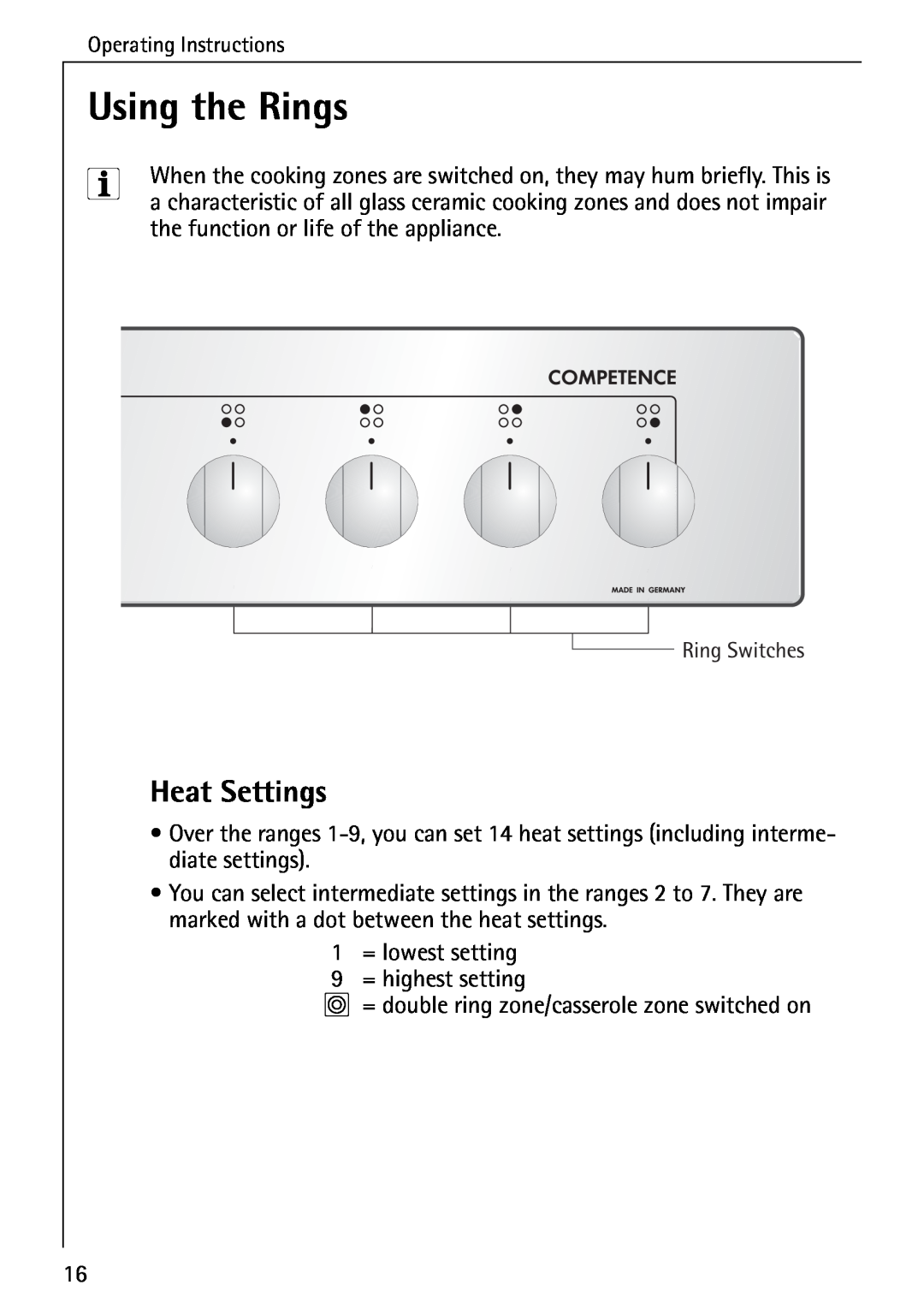 AEG 5033 V operating instructions Using the Rings, Heat Settings 