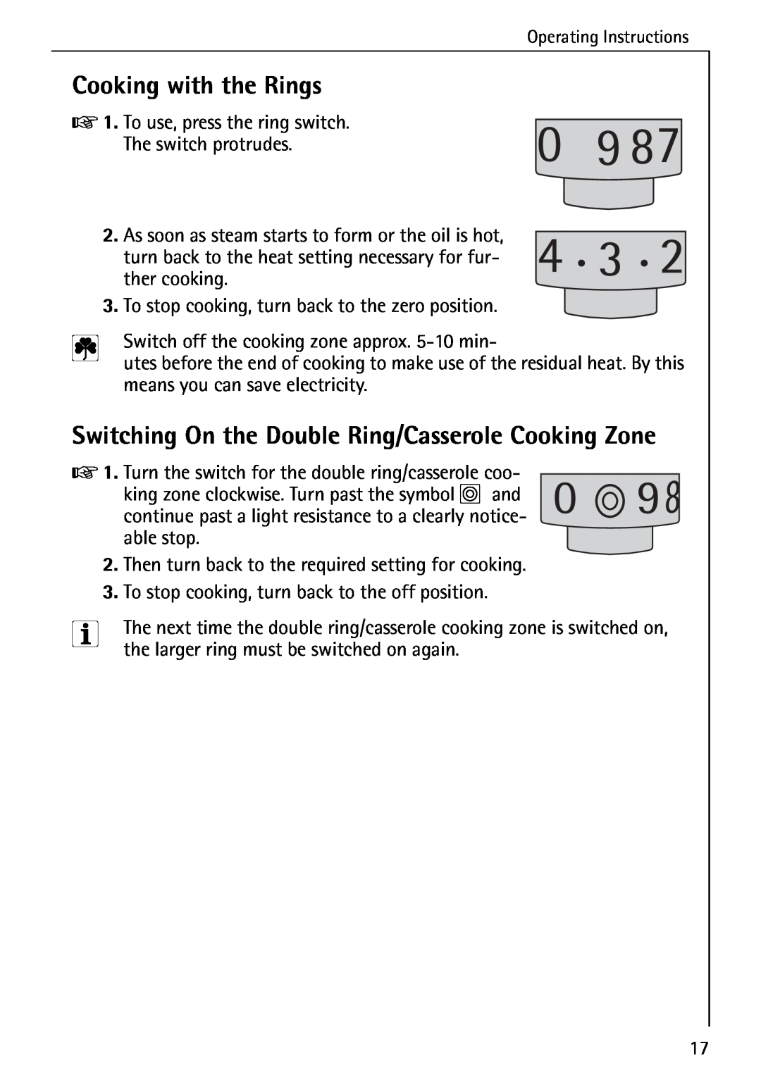 AEG 5033 V operating instructions Cooking with the Rings, Switching On the Double Ring/Casserole Cooking Zone 