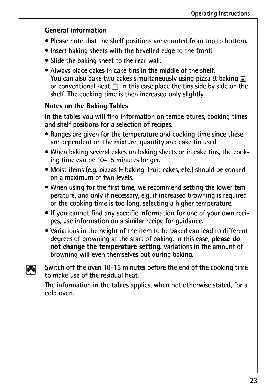 AEG 5033 V operating instructions General information, Notes on the Baking Tables 