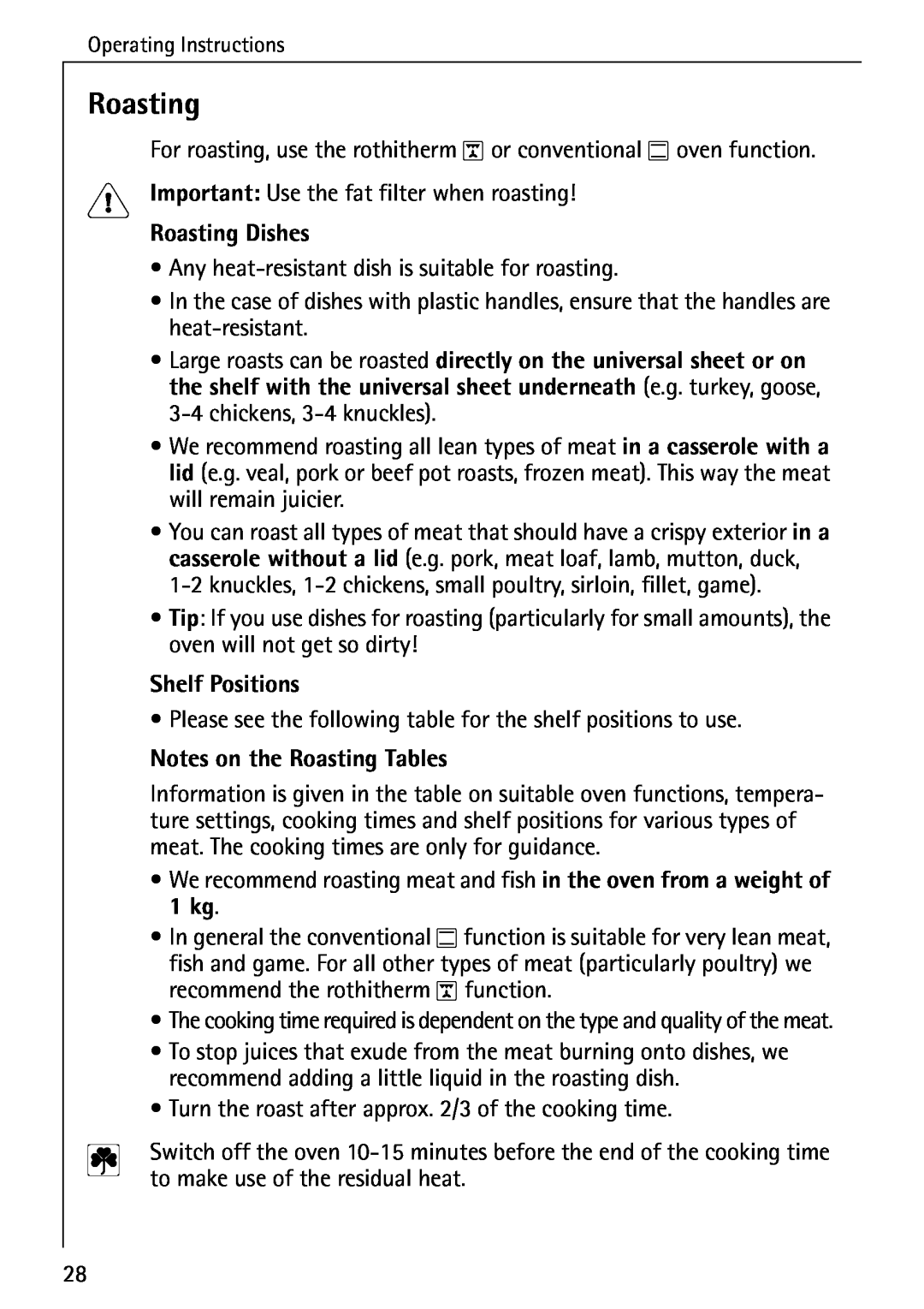 AEG 5033 V operating instructions Roasting Dishes, Notes on the Roasting Tables, Shelf Positions 
