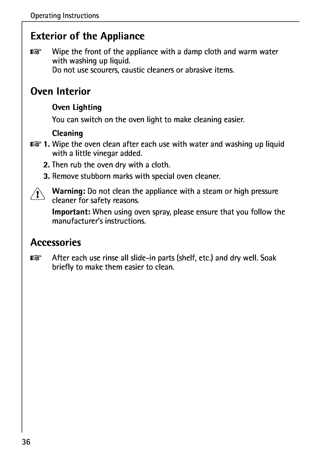 AEG 5033 V operating instructions Exterior of the Appliance, Oven Interior, Accessories, Oven Lighting, Cleaning 