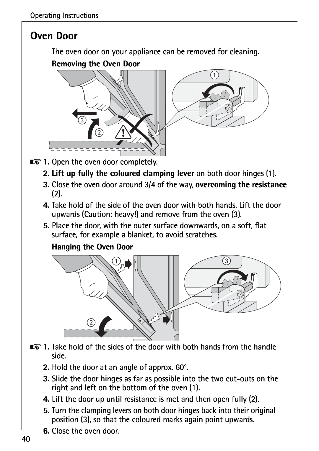 AEG 5033 V operating instructions Removing the Oven Door, Lift up fully the coloured clamping lever on both door hinges 