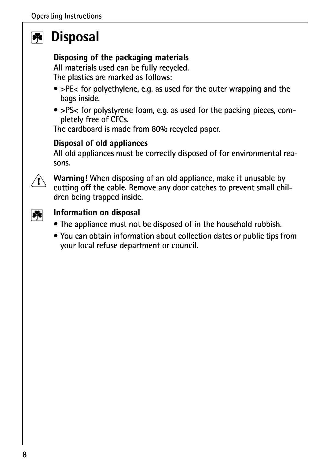 AEG 5033 V Disposing of the packaging materials, Disposal of old appliances, Information on disposal 