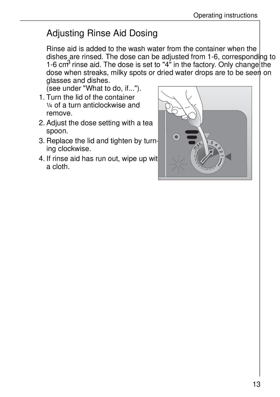 AEG 5071 manual Adjusting Rinse Aid Dosing, Glasses and dishes 