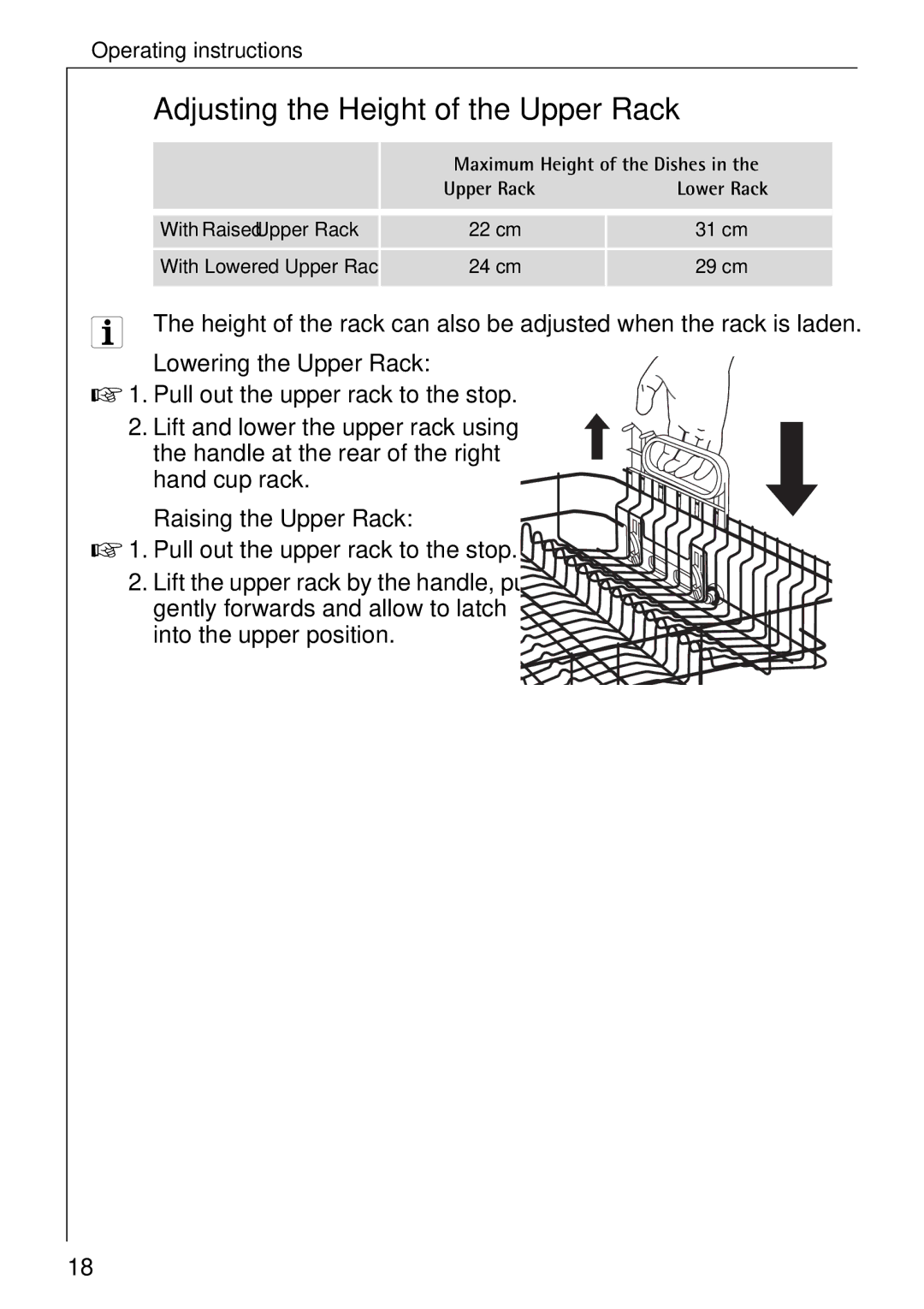 AEG 5071 Adjusting the Height of the Upper Rack, Lowering the Upper Rack, Raising the Upper Rack, Upper Rack Lower Rack 