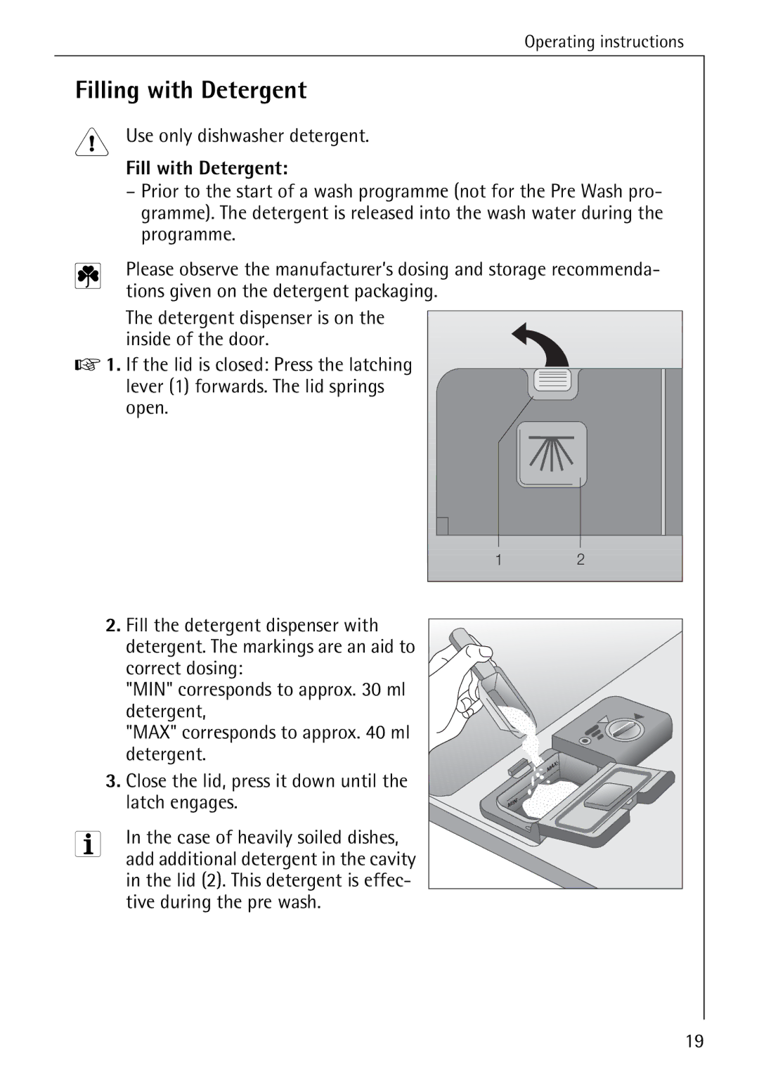 AEG 5071 manual Filling with Detergent, Use only dishwasher detergent, Fill with Detergent 