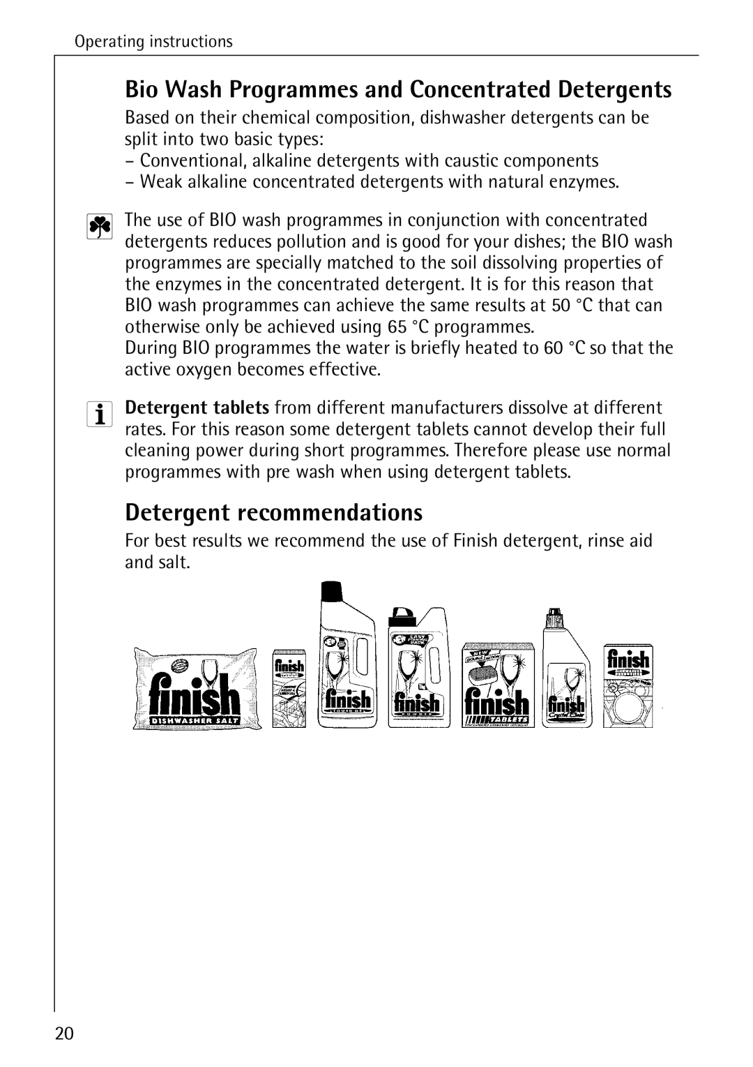 AEG 5071 manual Bio Wash Programmes and Concentrated Detergents, Detergent recommendations 