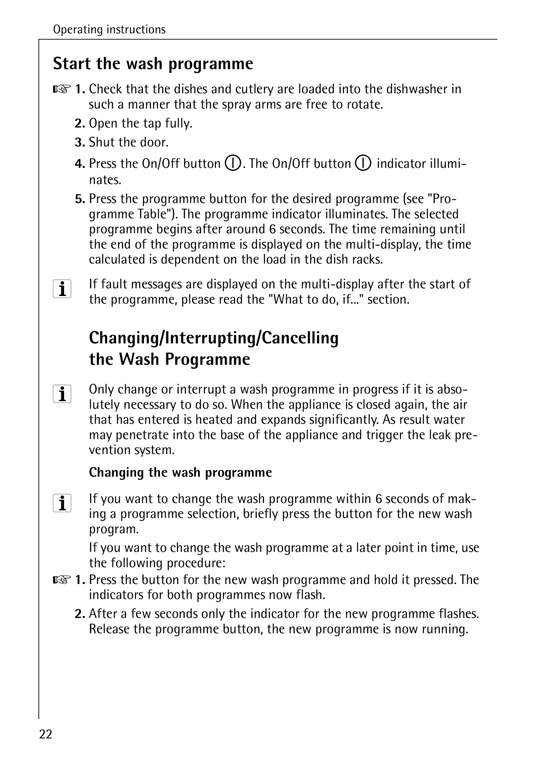 AEG 5071 manual Start the wash programme, Changing/Interrupting/Cancelling Wash Programme, Changing the wash programme 