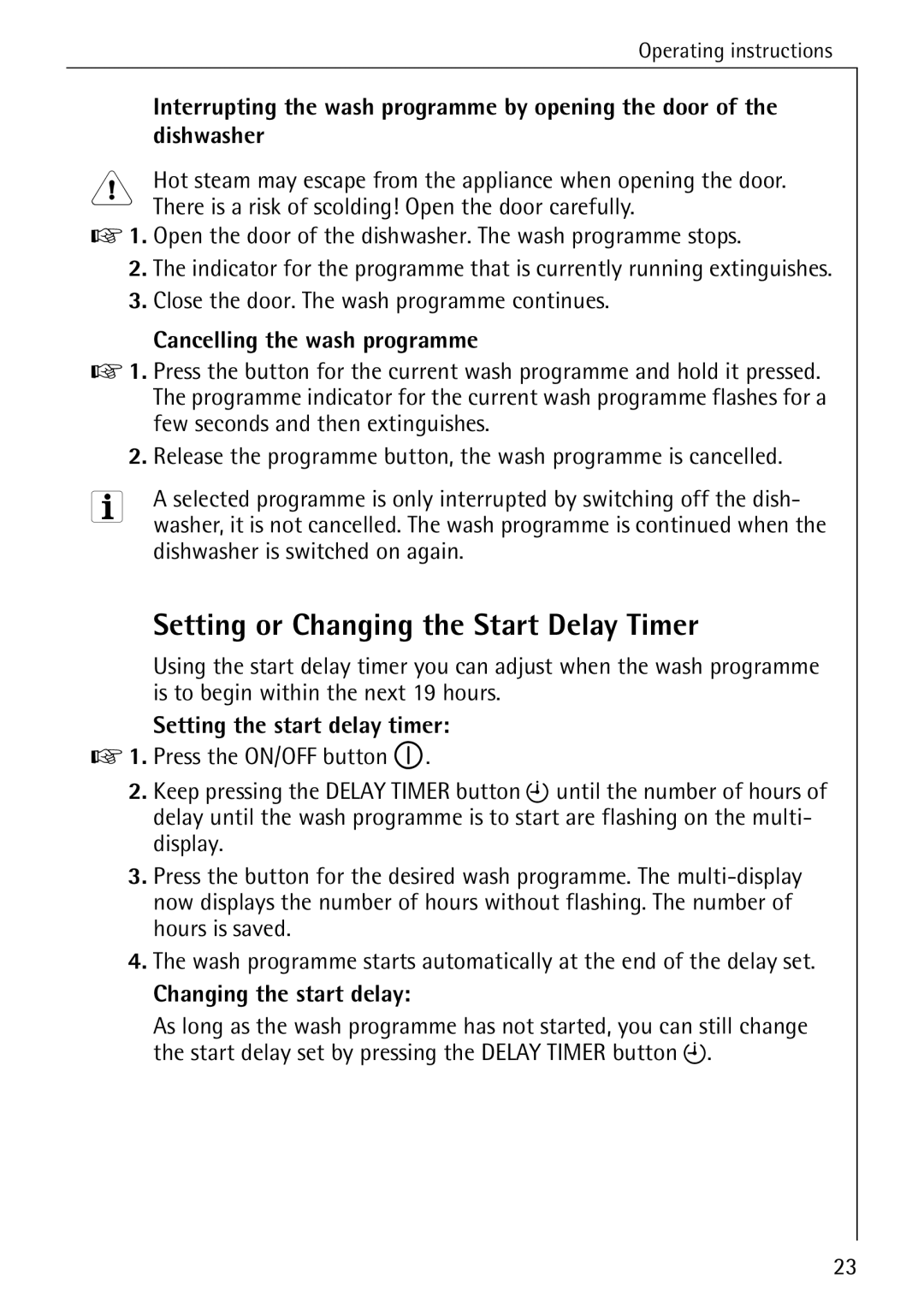 AEG 5071 manual Setting or Changing the Start Delay Timer, Cancelling the wash programme, Setting the start delay timer 