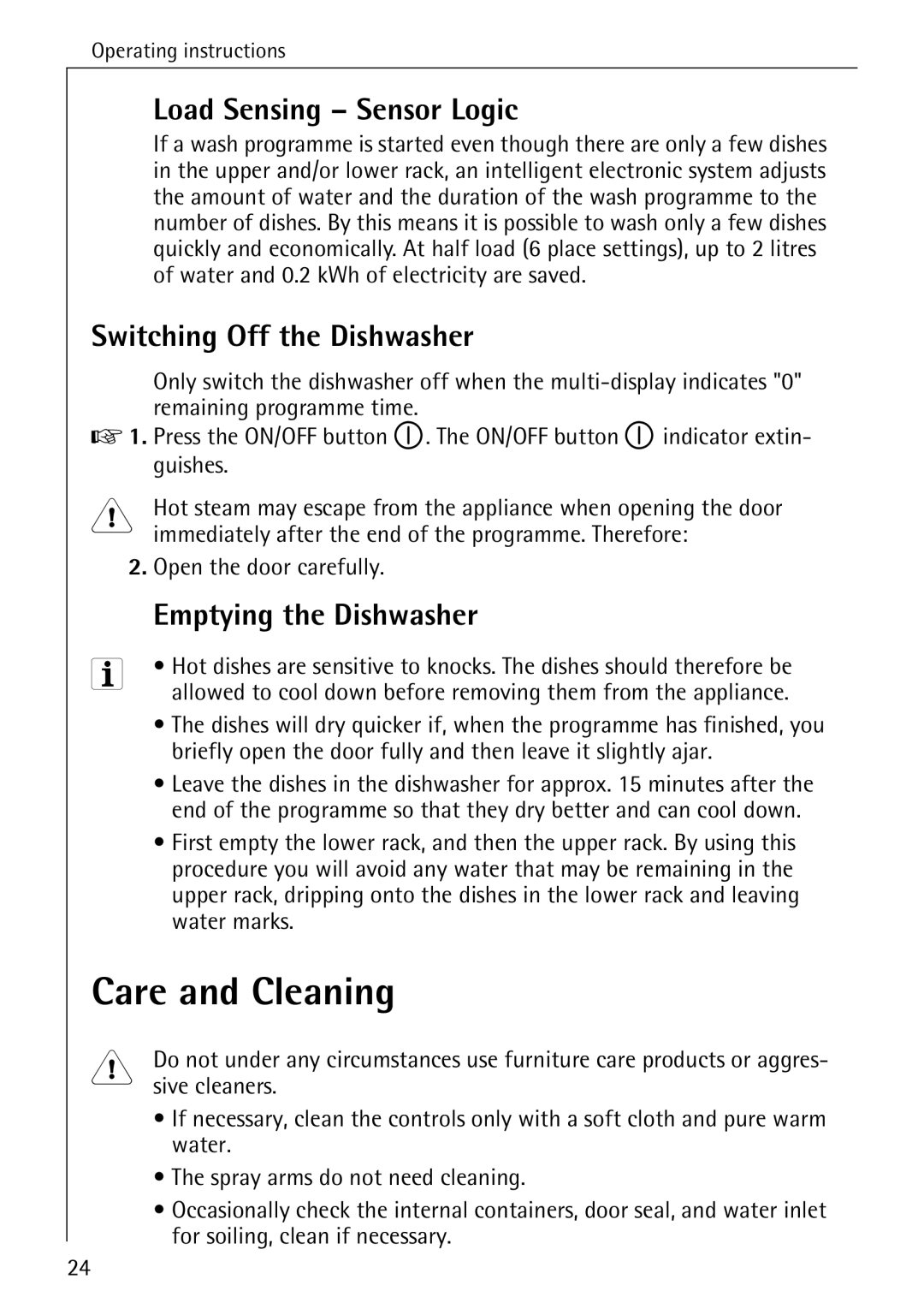 AEG 5071 manual Care and Cleaning, Load Sensing Sensor Logic, Switching Off the Dishwasher, Emptying the Dishwasher 