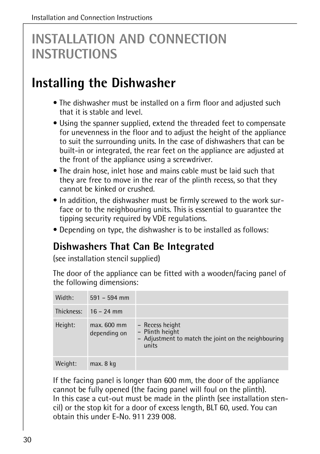 AEG 5071 manual Installing the Dishwasher, Dishwashers That Can Be Integrated 