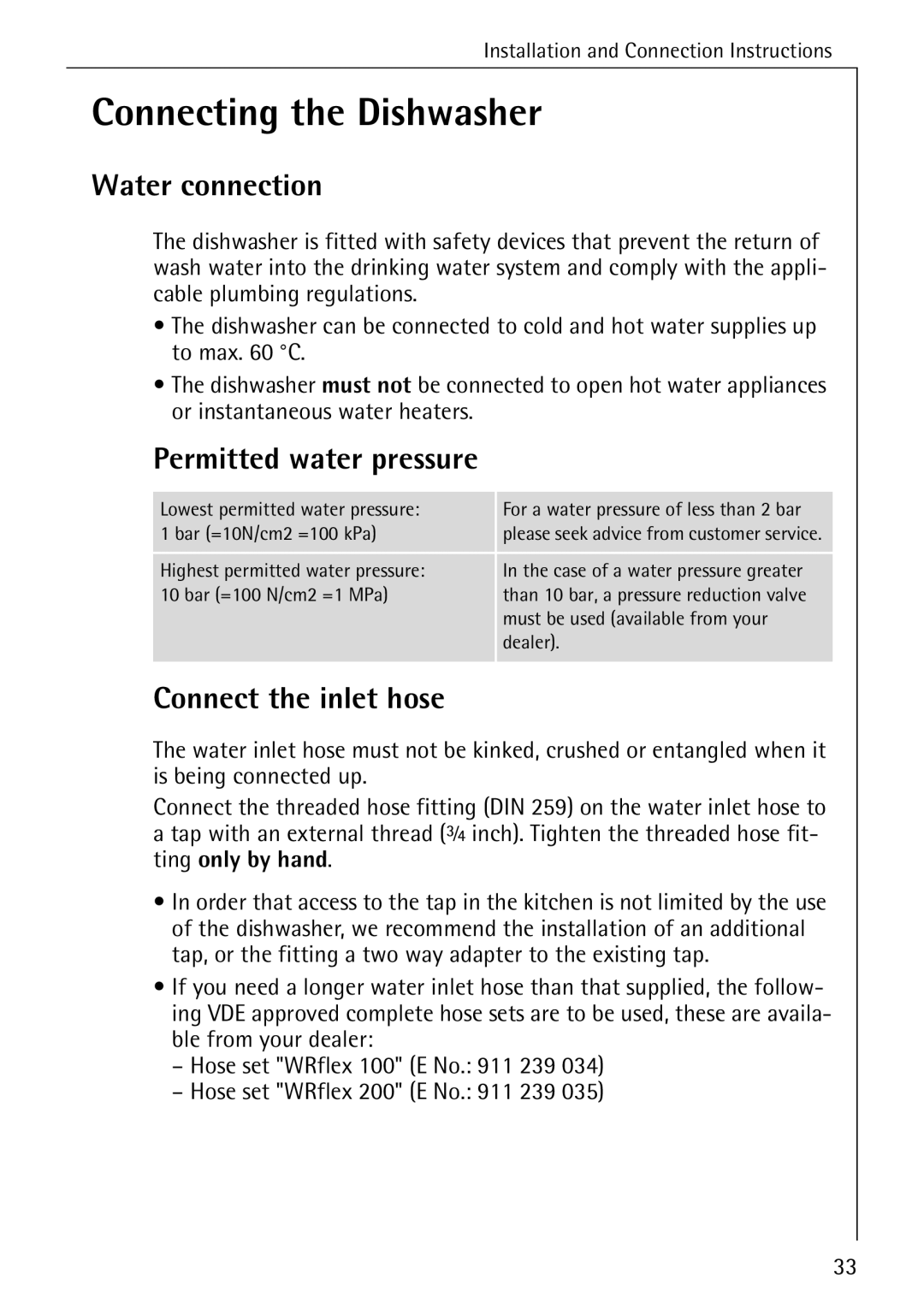 AEG 5071 manual Connecting the Dishwasher, Water connection, Permitted water pressure, Connect the inlet hose 