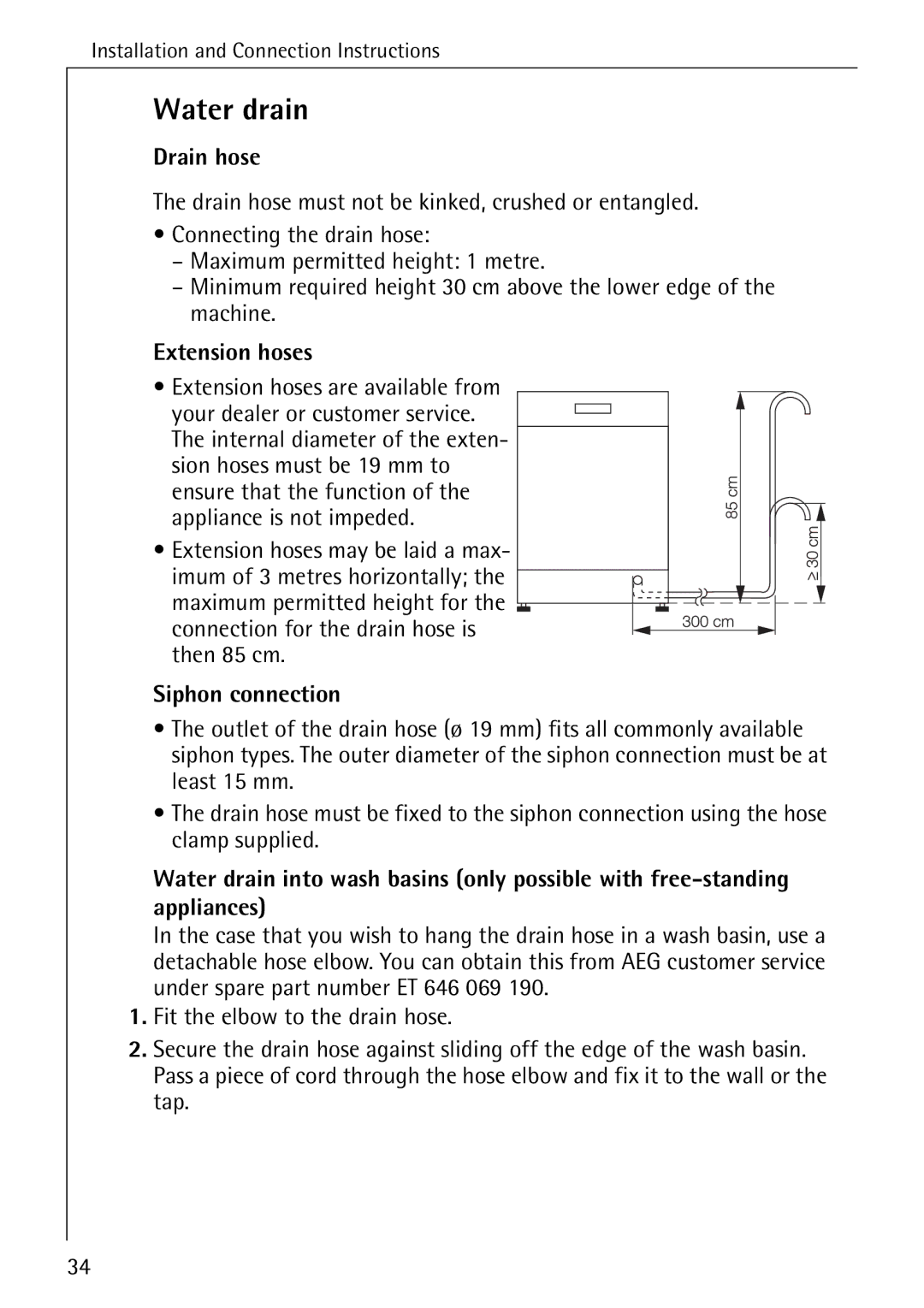AEG 5071 manual Water drain, Drain hose, Extension hoses are available from, Siphon connection 