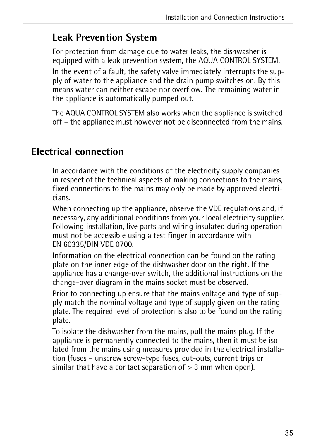 AEG 5071 manual Leak Prevention System, Electrical connection, EN 60335/DIN VDE 