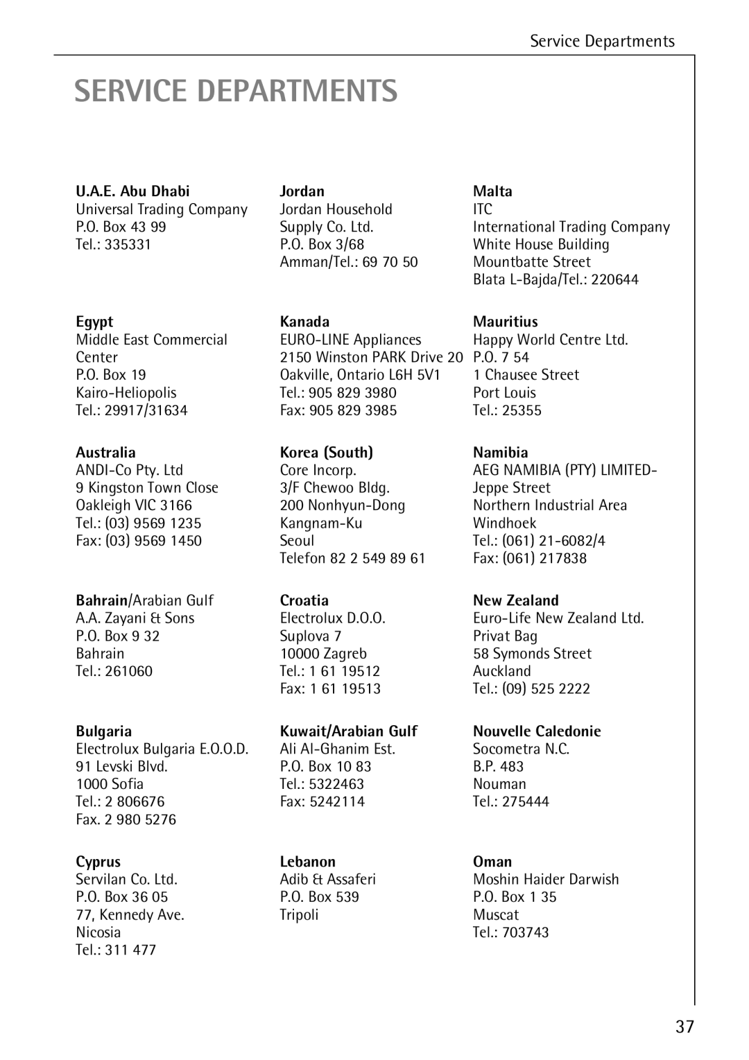 AEG 5071 manual E. Abu Dhabi Jordan Malta, Egypt Kanada Mauritius, Australia Korea South Namibia, Croatia New Zealand 