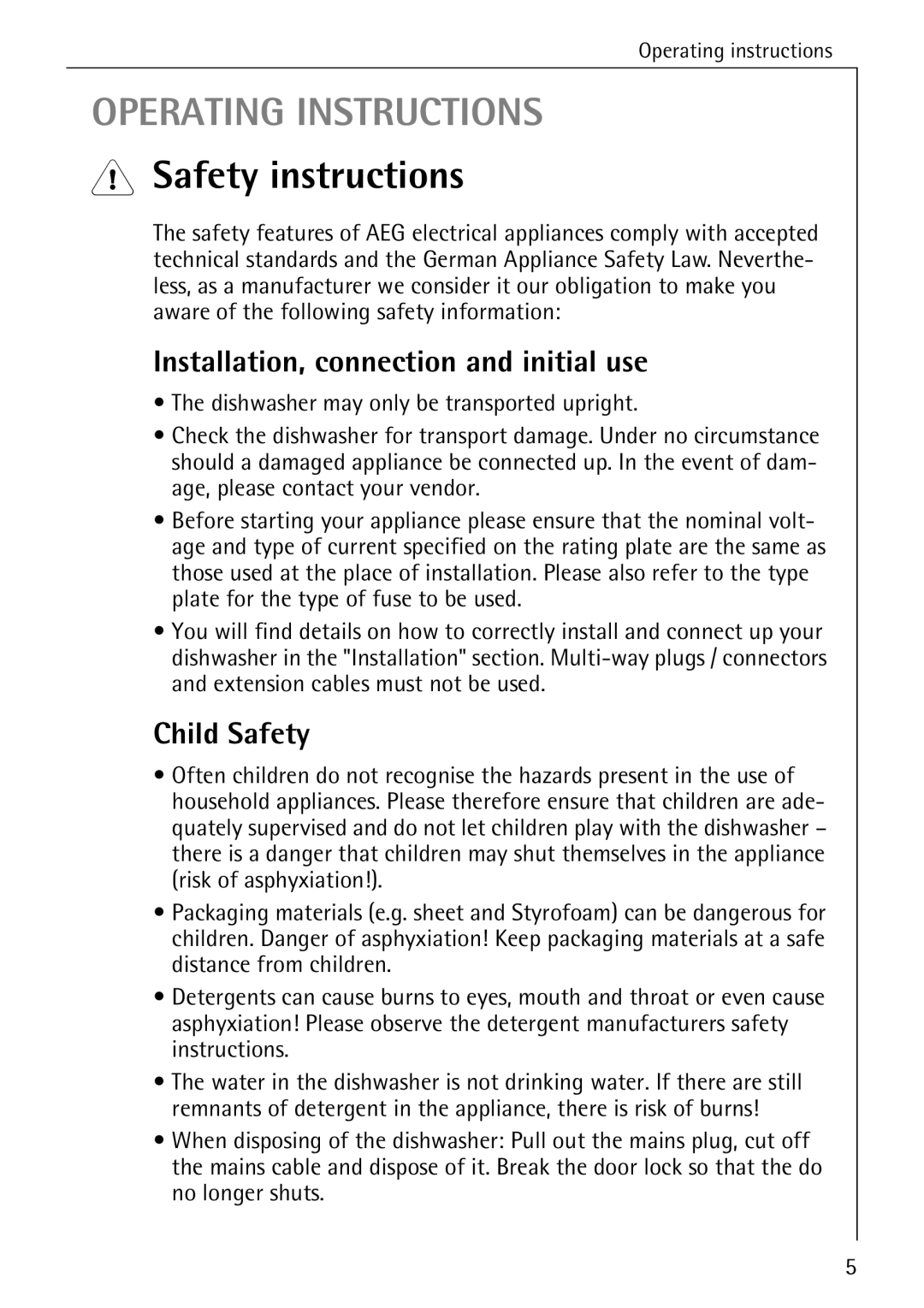 AEG 5071 manual Safety instructions, Installation, connection and initial use, Child Safety 