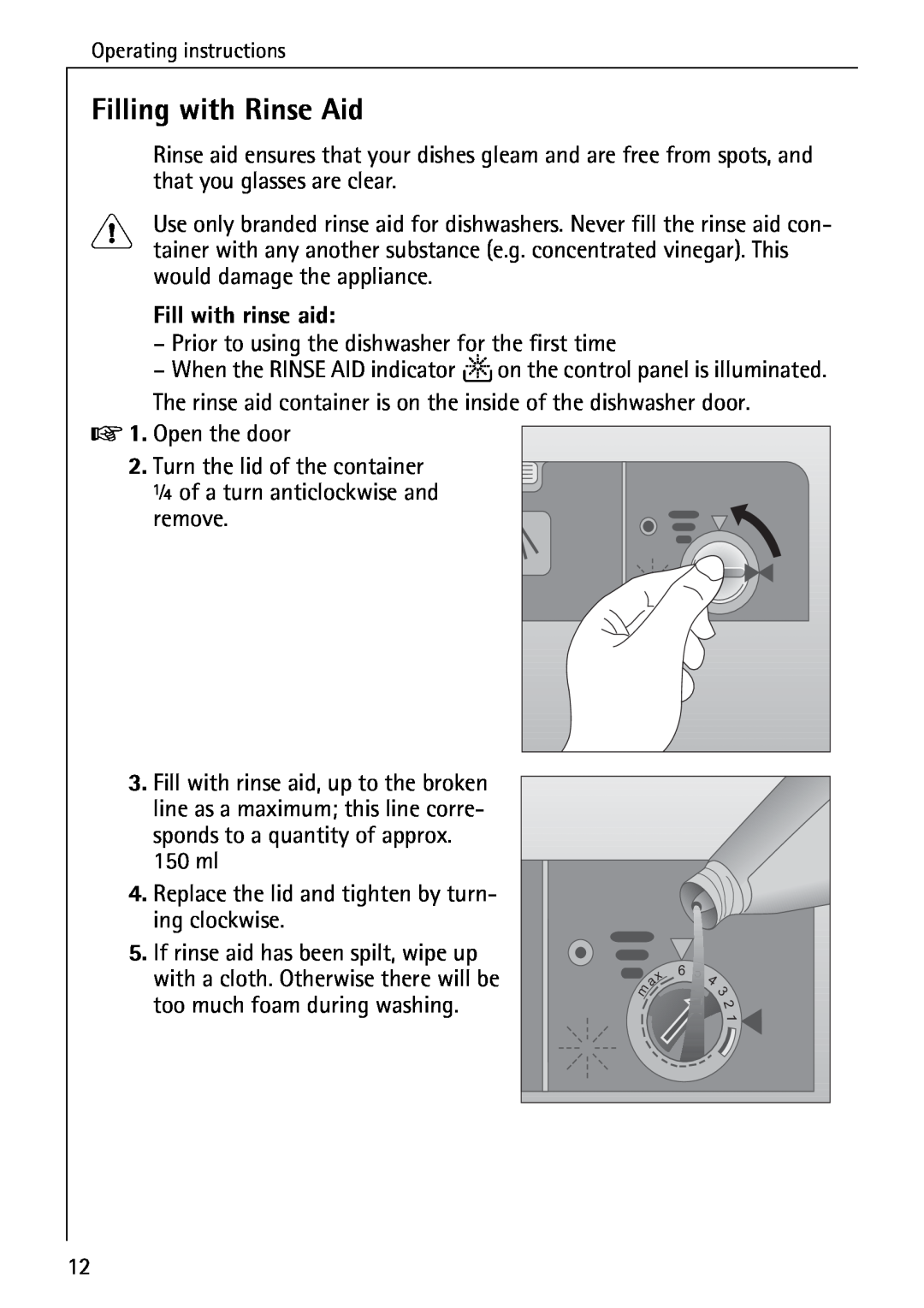 AEG 5071 manual Filling with Rinse Aid, Fill with rinse aid 