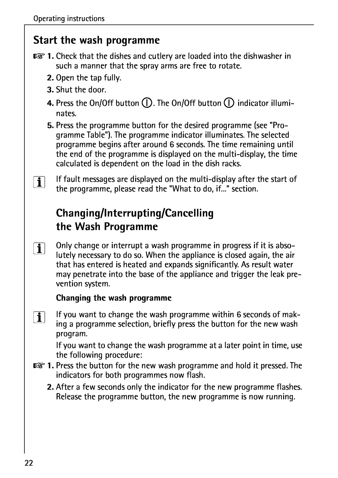 AEG 5071 manual Start the wash programme, Changing/Interrupting/Cancelling the Wash Programme, Changing the wash programme 