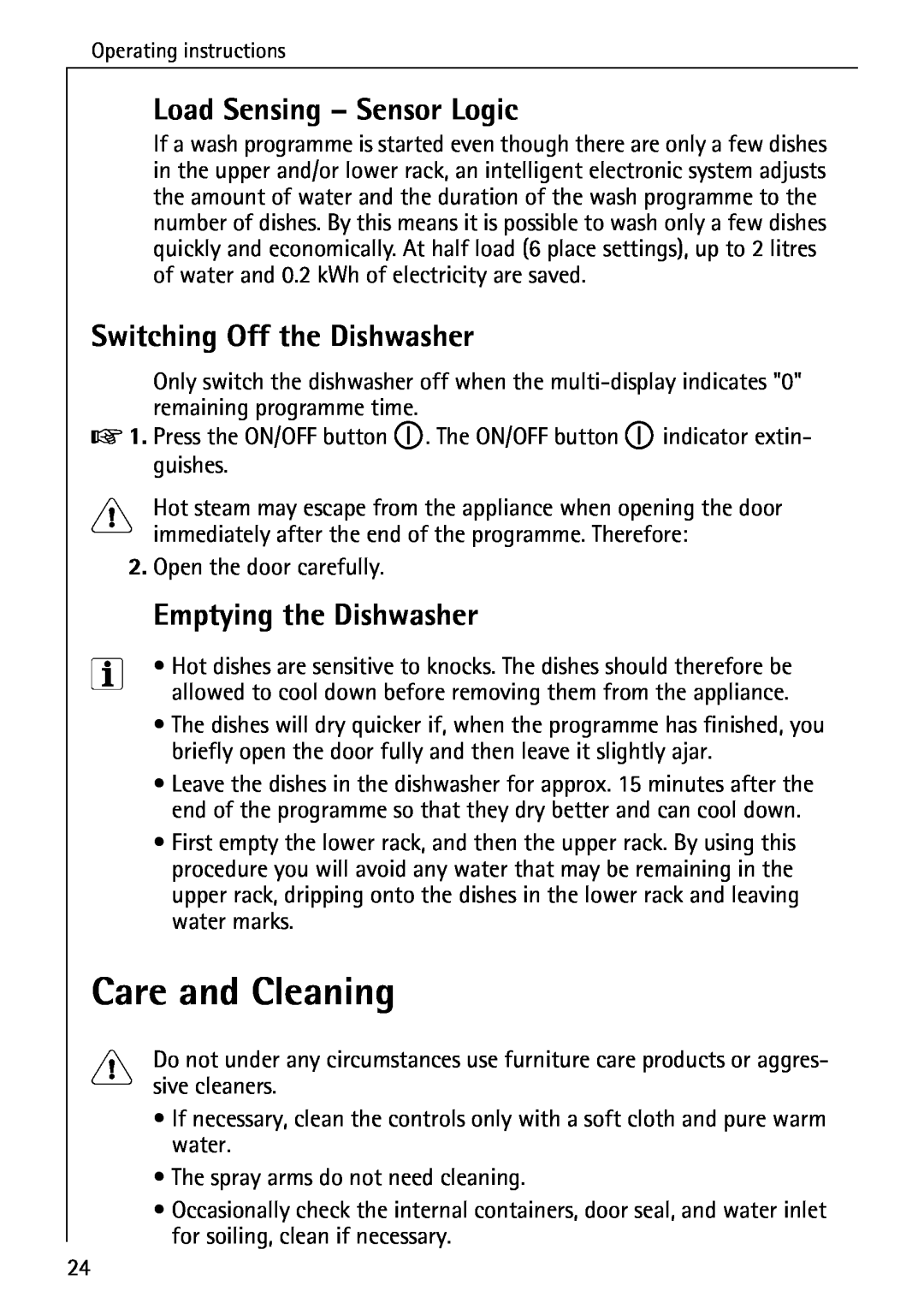AEG 5071 manual Care and Cleaning, Load Sensing - Sensor Logic, Switching Off the Dishwasher, Emptying the Dishwasher 
