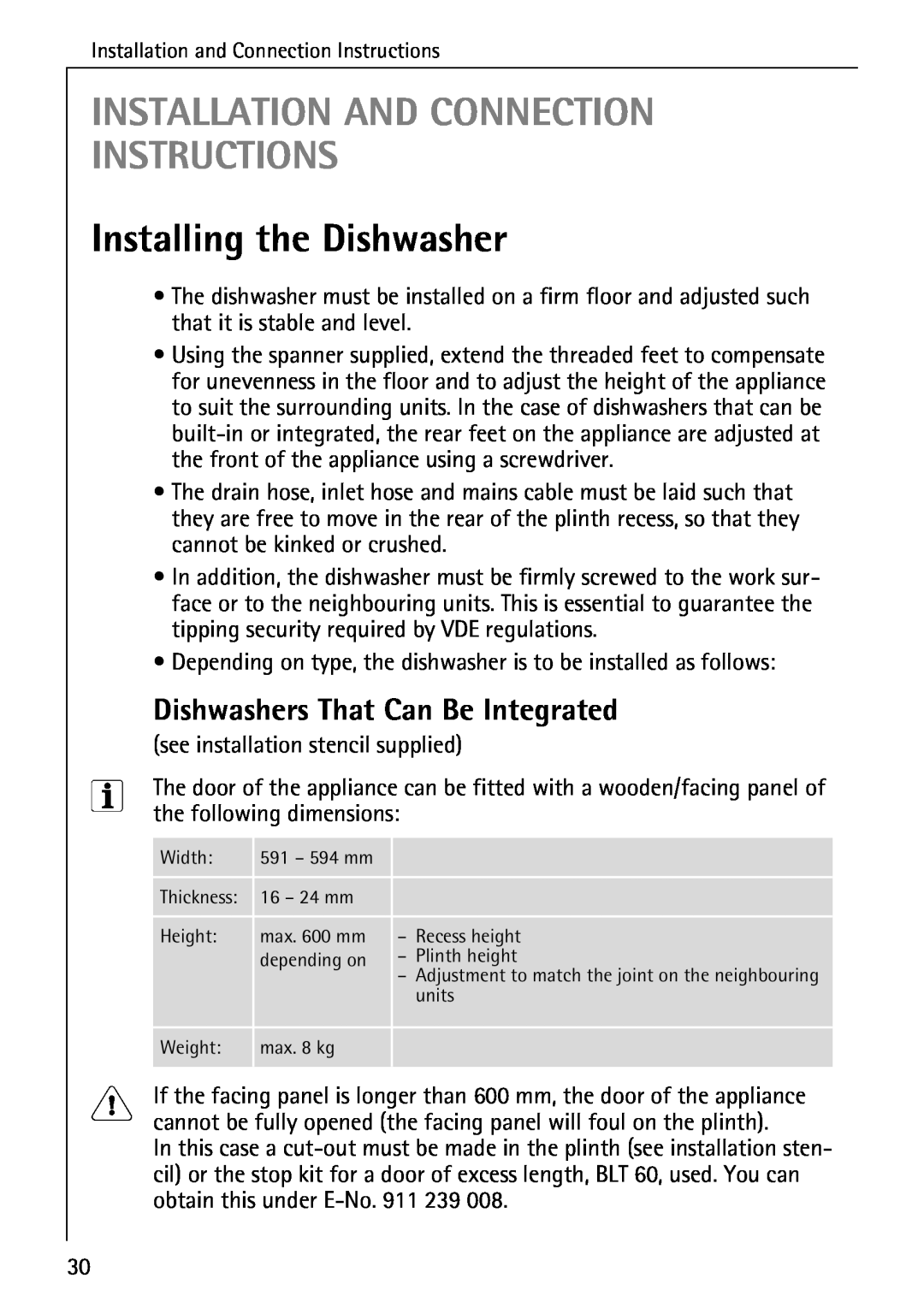 AEG 5071 manual Installation And Connection Instructions, Installing the Dishwasher, Dishwashers That Can Be Integrated 