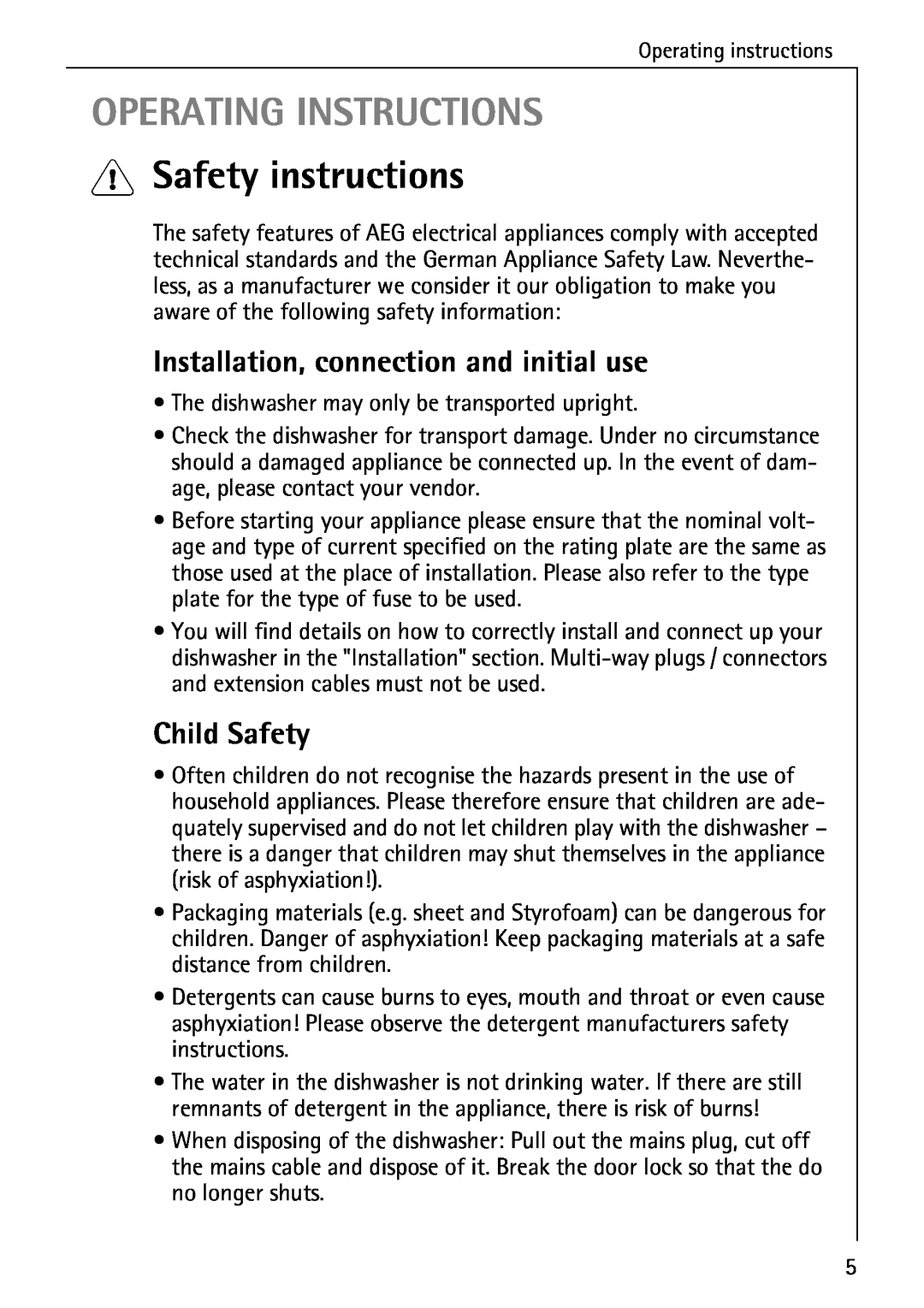 AEG 5071 manual Operating Instructions, Safety instructions, Installation, connection and initial use, Child Safety 