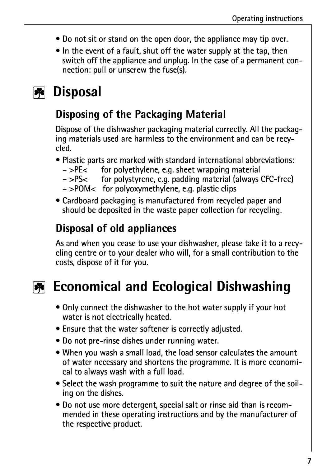 AEG 5071 manual Economical and Ecological Dishwashing, Disposing of the Packaging Material, Disposal of old appliances 