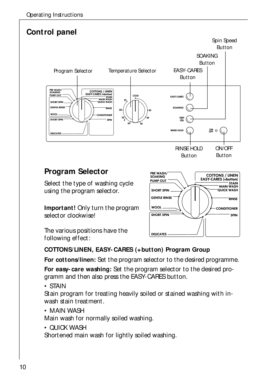 AEG 50720 manual Control panel, Program Selector, COTTONS/LINEN, EASY-CARES +button Program Group 