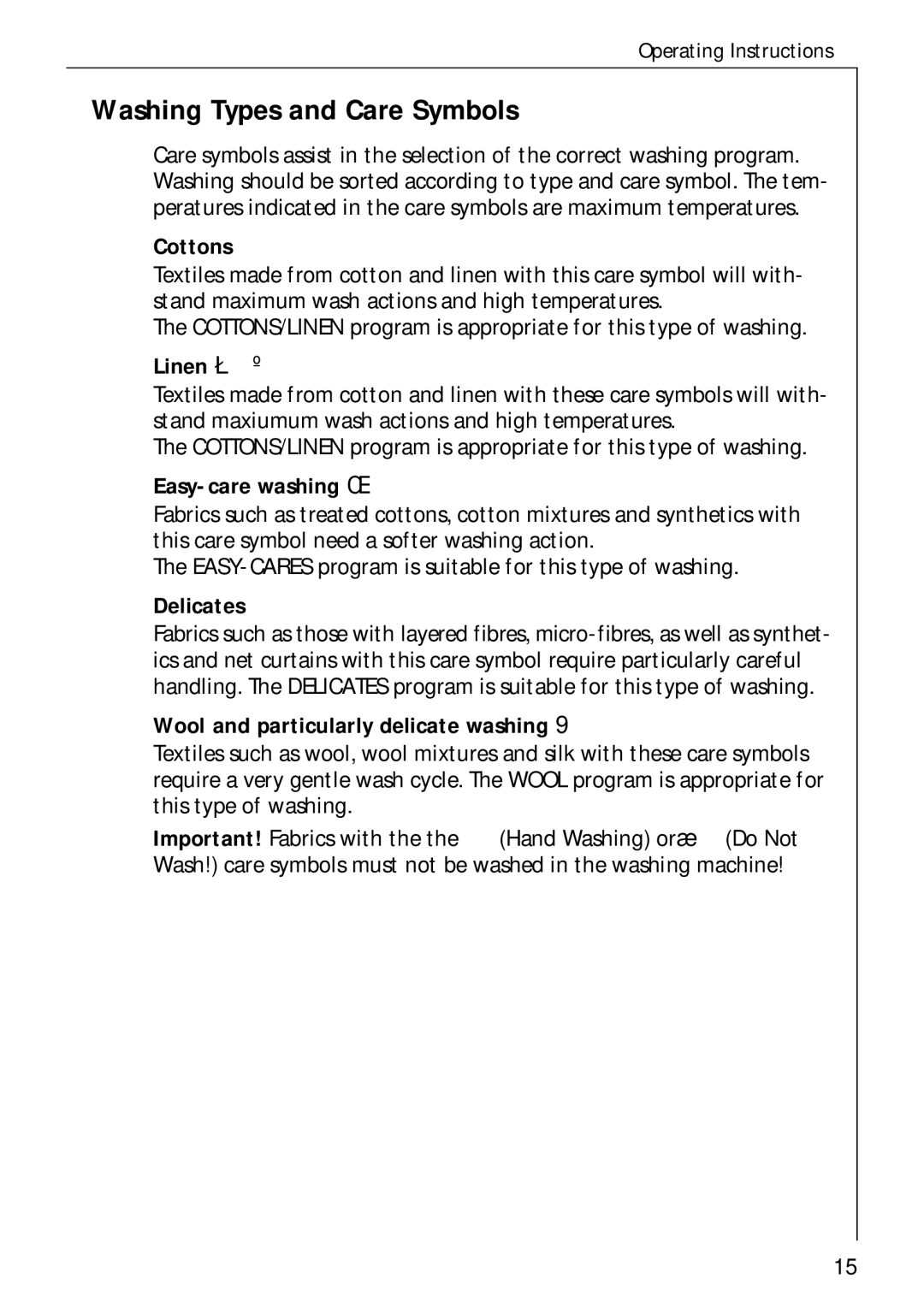 AEG 50720 manual Washing Types and Care Symbols 