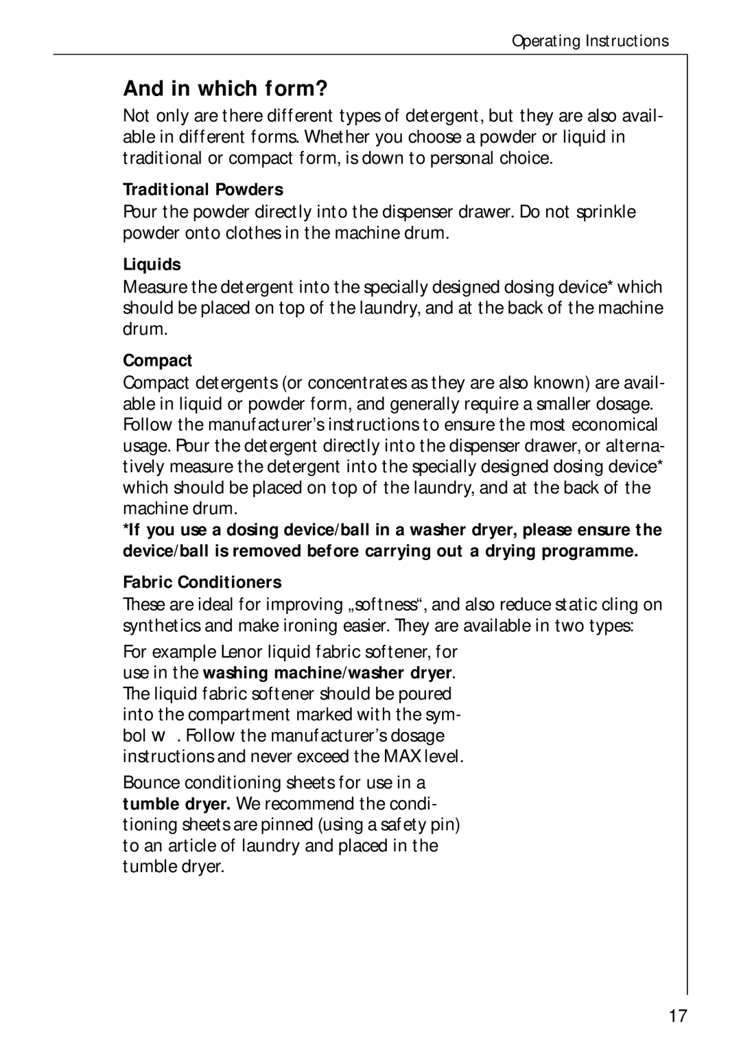 AEG 50720 manual Which form?, Traditional Powders, Liquids, Compact, Fabric Conditioners 