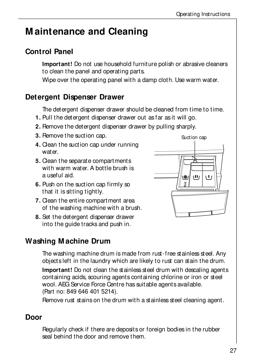 AEG 50720 manual Maintenance and Cleaning, Washing Machine Drum, Door 